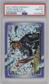 Lewis Hamilton from the 2021 Topps Chrome F1  set featuring a Purple Refractor parallel graded by PSA and given an overall grade of 10.