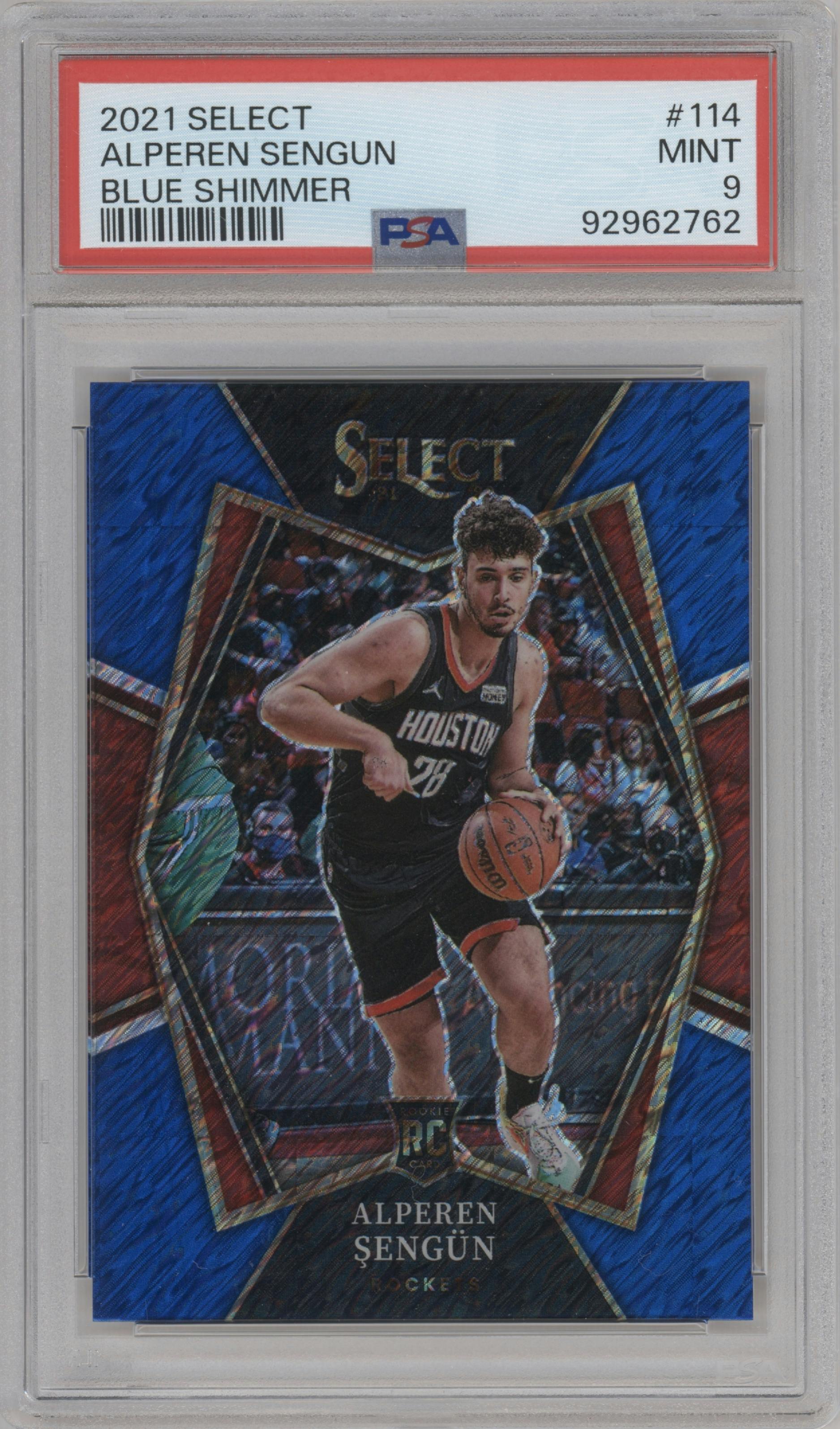 Alperen Sengun from the 2021-22 Panini Select set featuring a Blue Shimmer parallel graded by PSA and given an overall grade of 9.