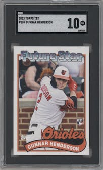 Gunnar Henderson from the 2023 Topps Throwback Thursday set graded by SGC and given an overall grade of 10.