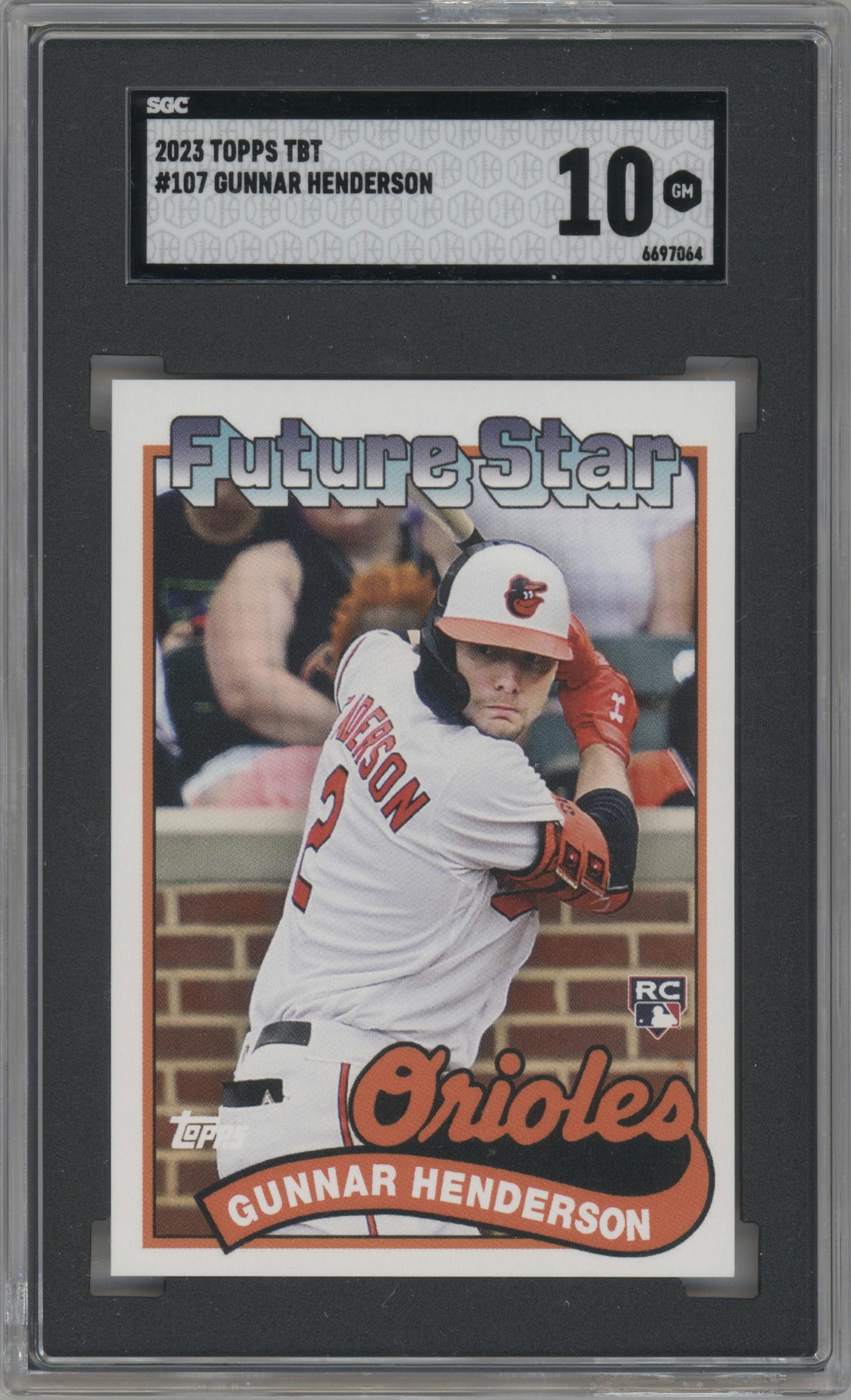 Gunnar Henderson from the 2023 Topps Throwback Thursday set graded by SGC and given an overall grade of 10.