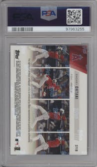 Shohei Ohtani from the 2019 Topps Now set featuring a Blue parallel graded by PSA and given an overall grade of 10.
