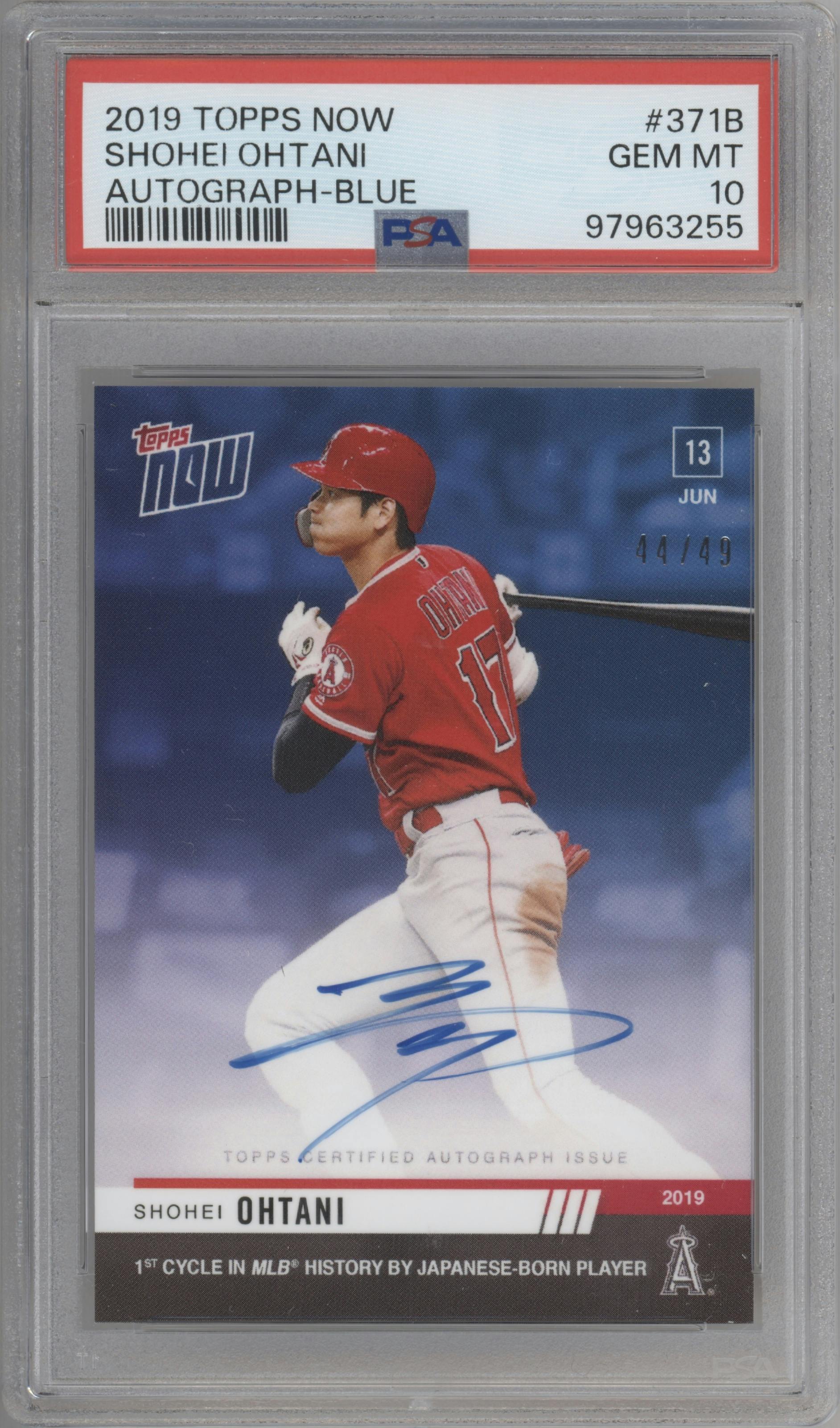 Shohei Ohtani from the 2019 Topps Now set featuring a Blue parallel graded by PSA and given an overall grade of 10.