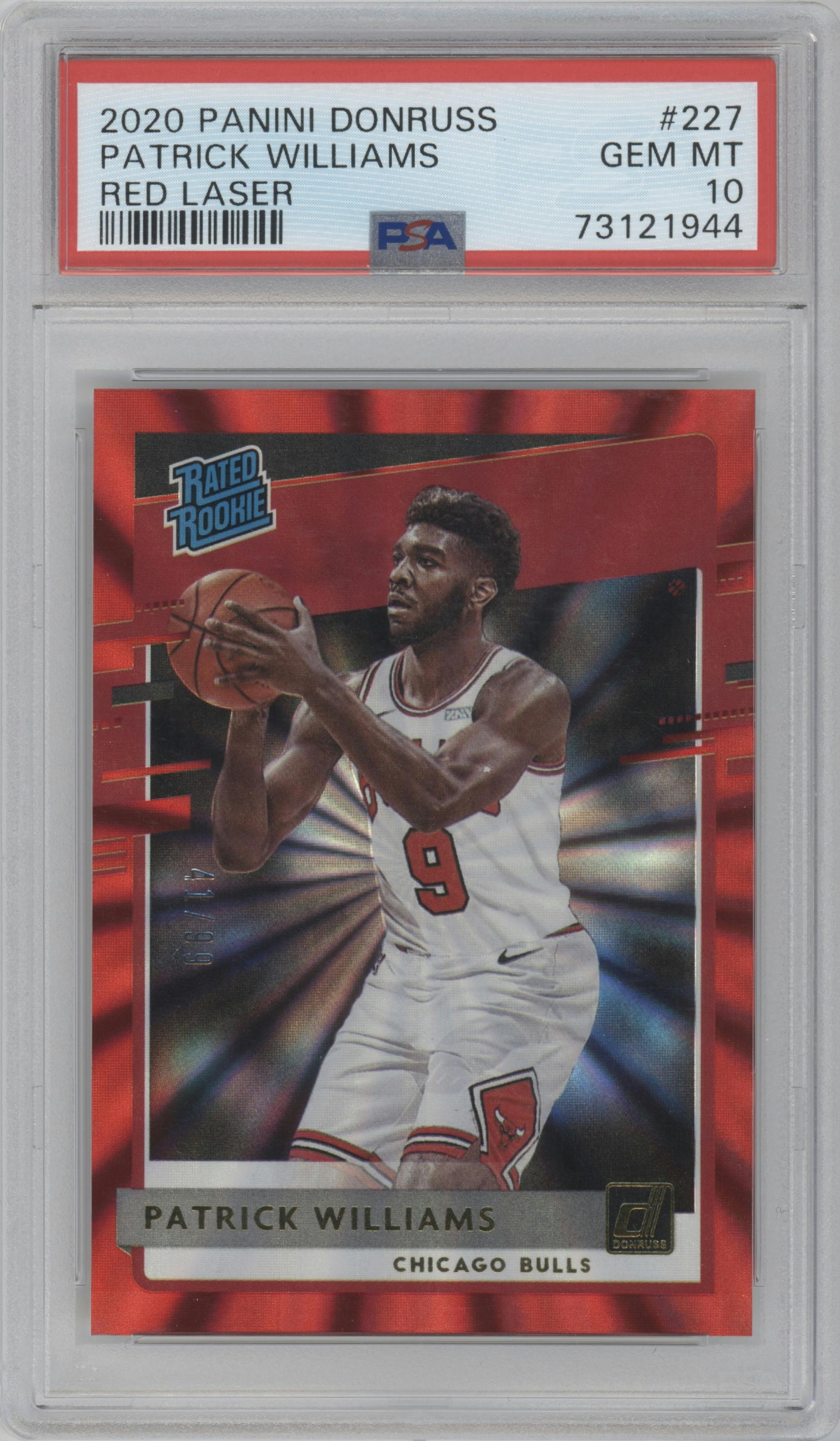 Patrick Williams from the 2020-21 Panini Donruss set featuring a Red Laser parallel graded by PSA and given an overall grade of 10.