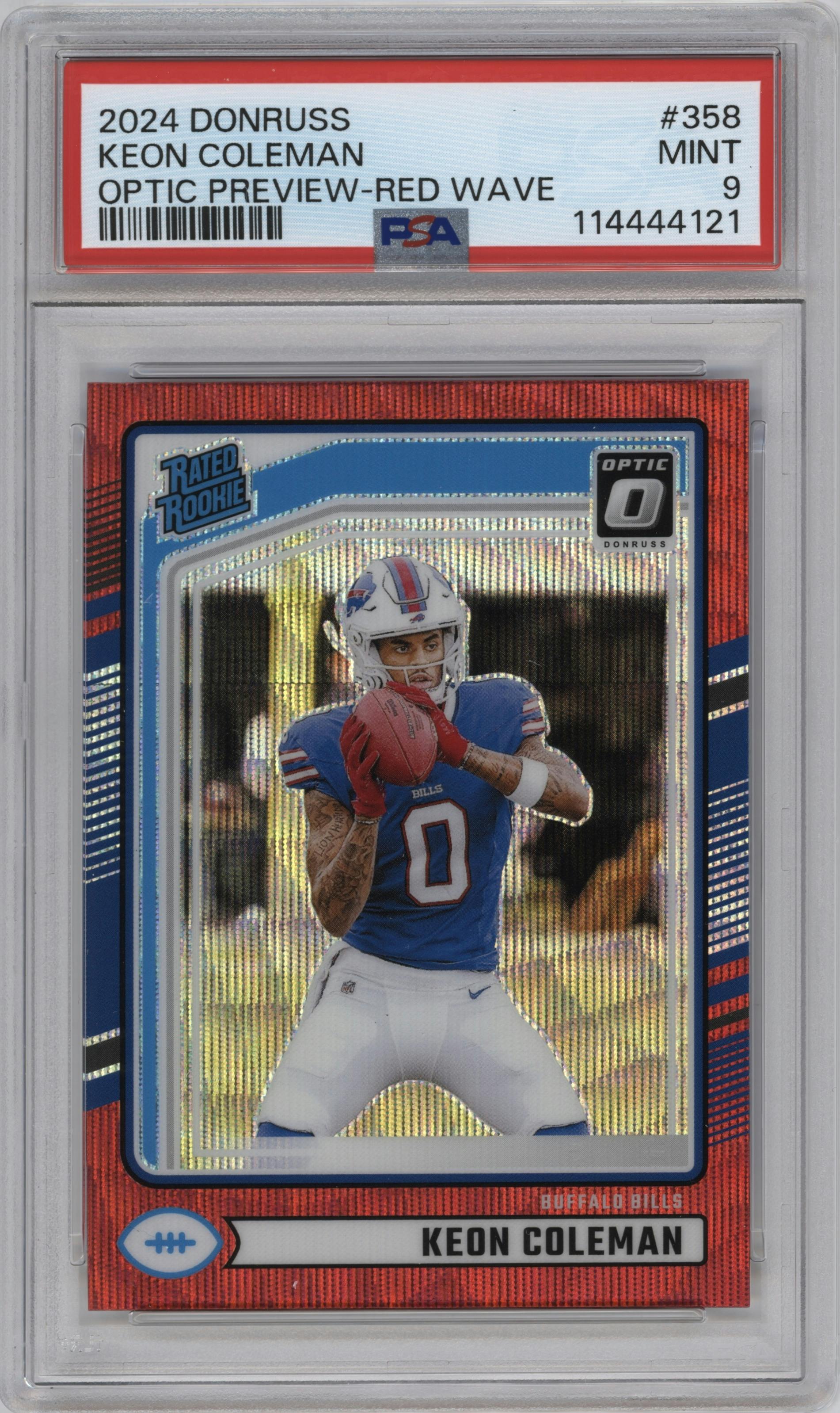 Keon Coleman  from the 2024 Donruss set featuring a Red Wave parallel graded by PSA and given an overall grade of 9.