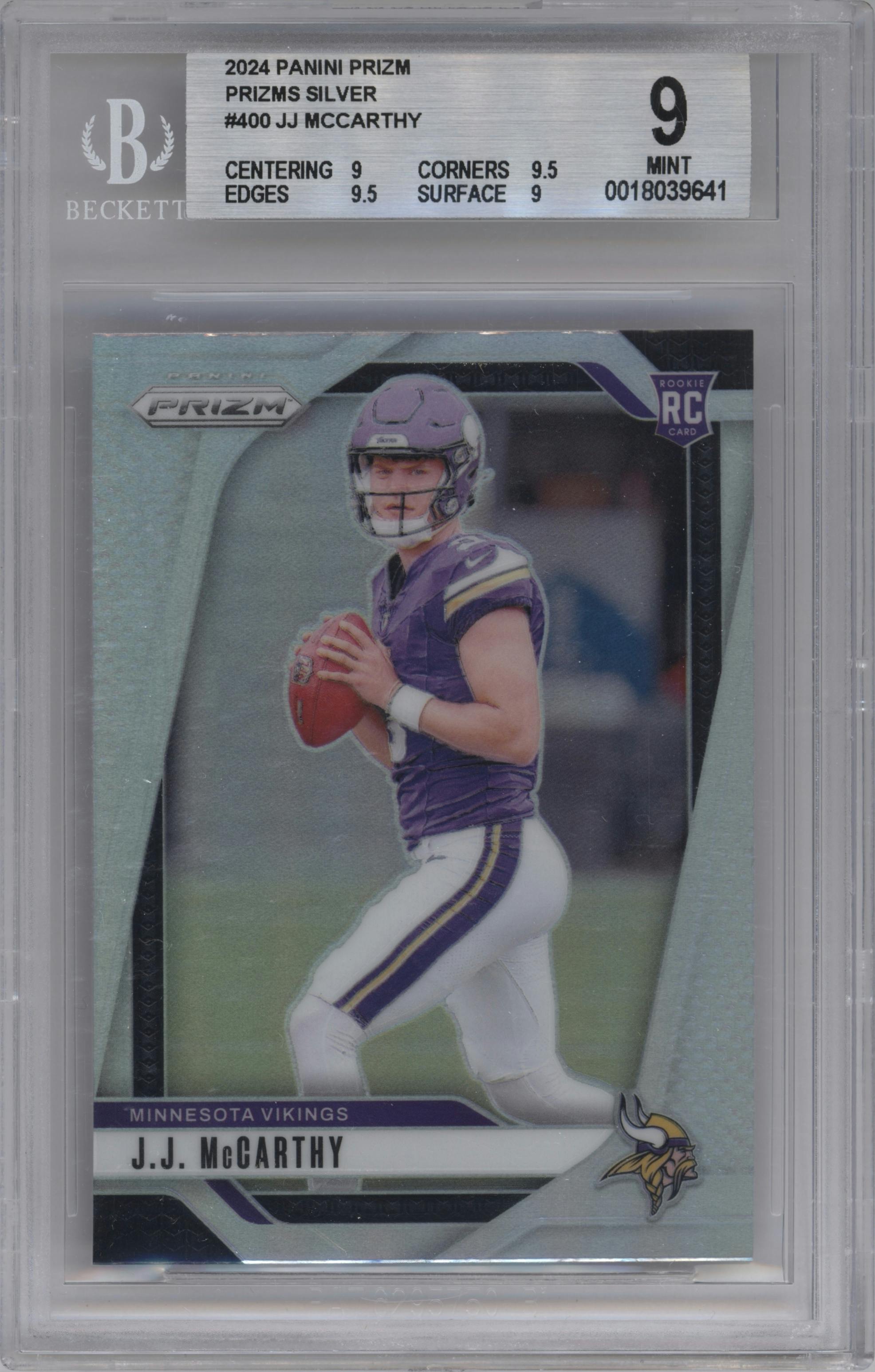 J.J. McCarthy from the 2024 Panini Prizm set featuring a Silver Prizm parallel graded by Beckett and given an overall grade of 9.