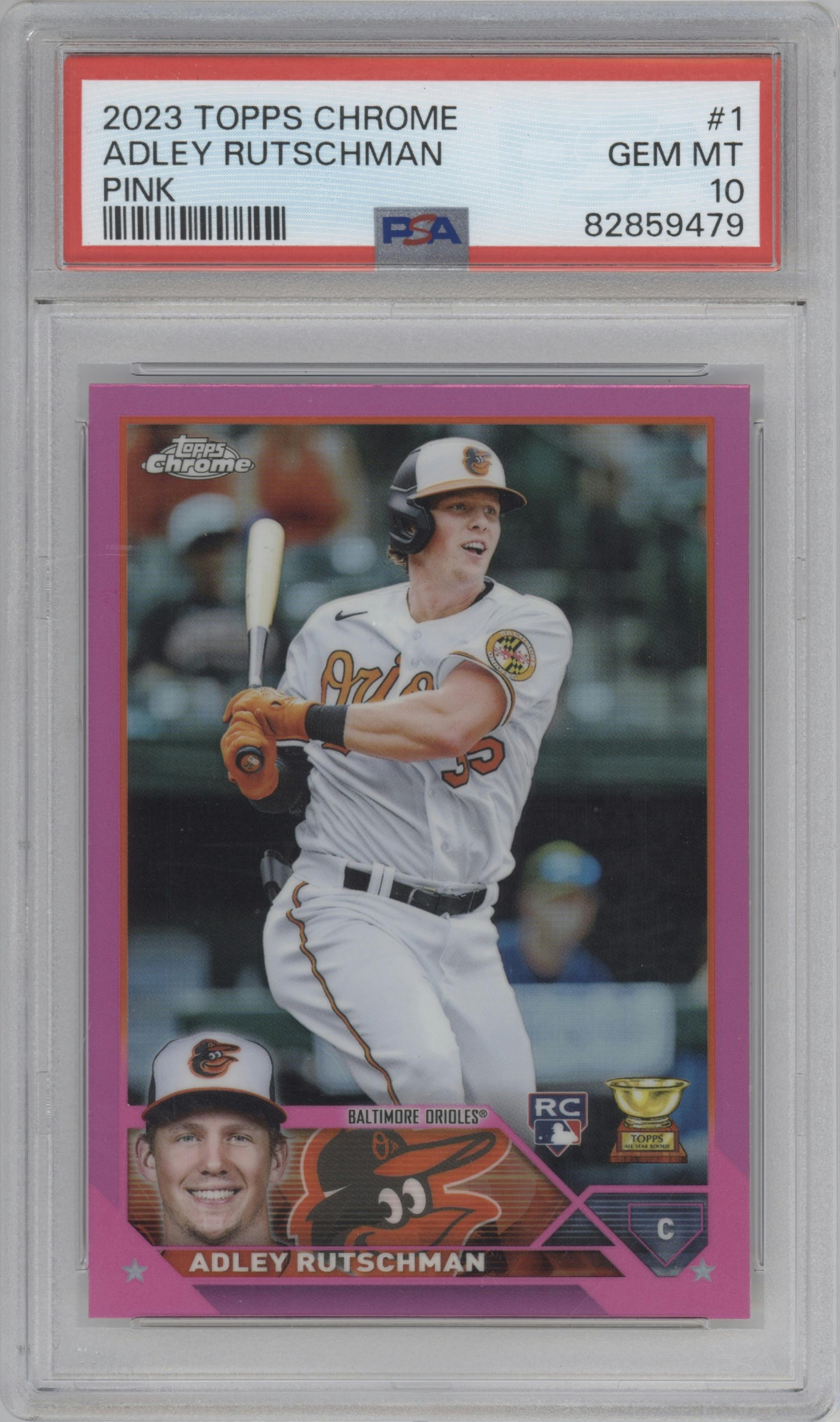 Adley Rutschman from the 2023 Topps Chrome set featuring a Pink Refractor parallel graded by PSA and given an overall grade of 10.