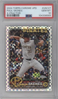 Paul Skenes from the 2024 Topps Chrome Update set featuring a X-Fractor parallel graded by PSA and given an overall grade of 10.