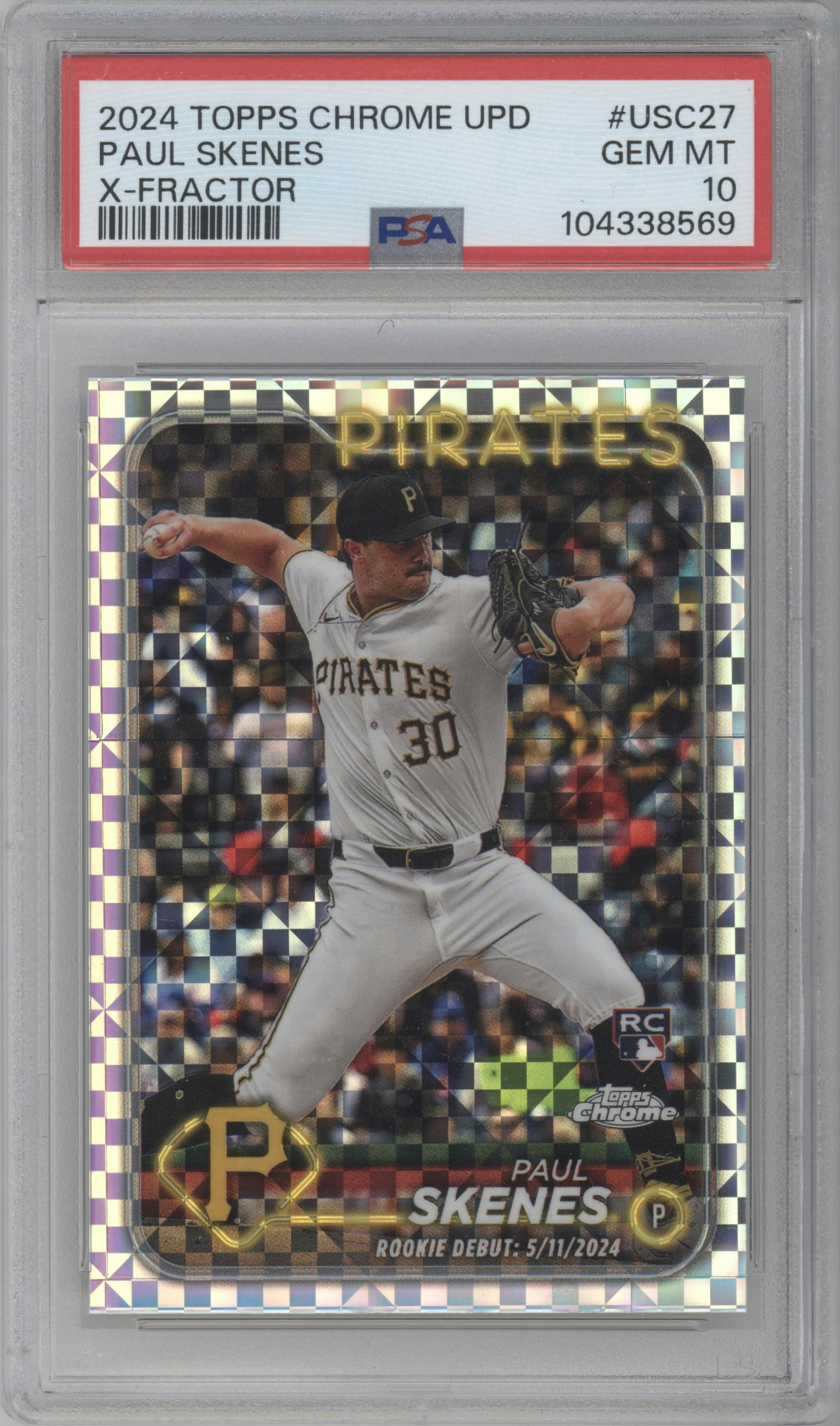 Paul Skenes from the 2024 Topps Chrome Update set featuring a X-Fractor parallel graded by PSA and given an overall grade of 10.