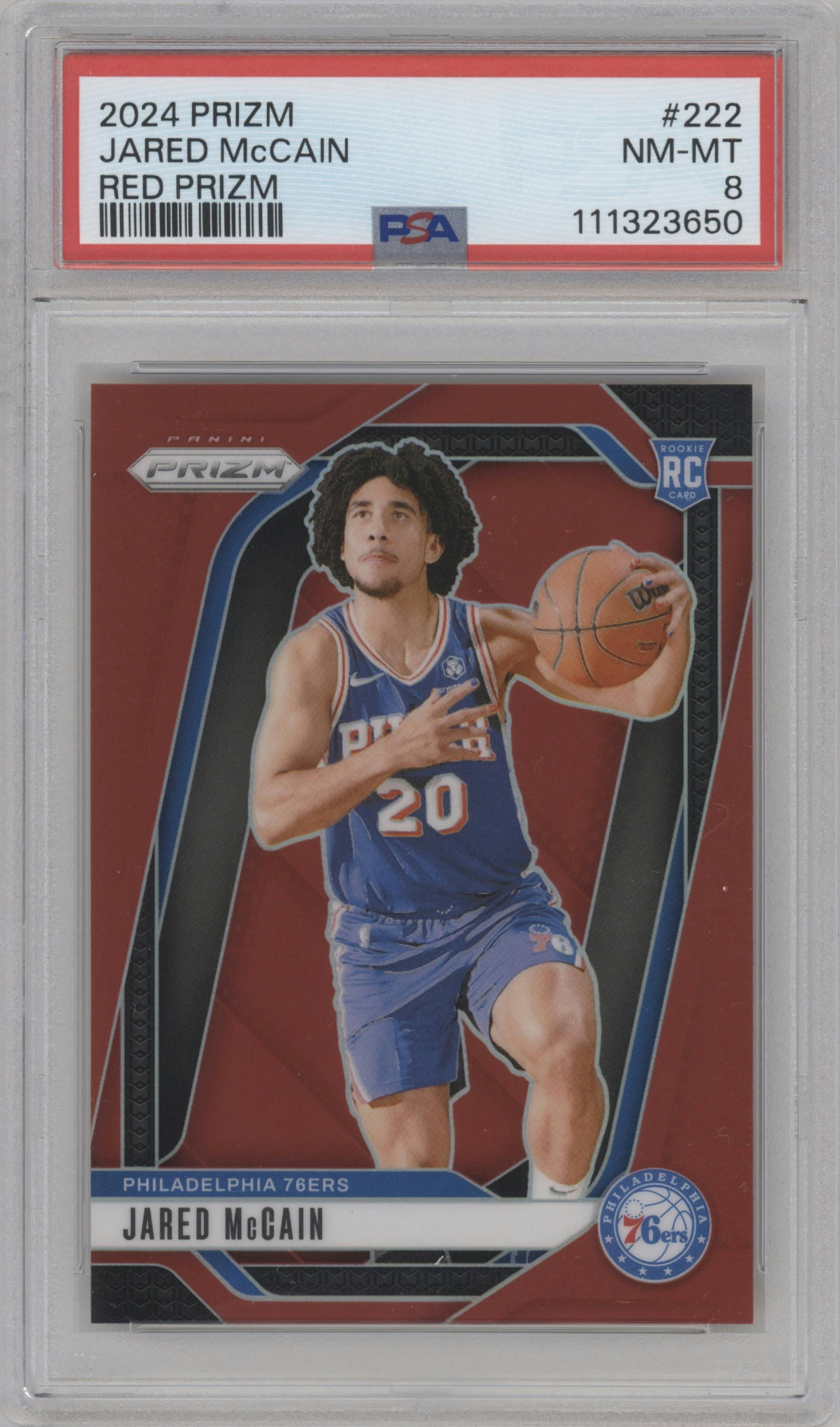 Jared McCain from the 2024-25 Panini Prizm set featuring a Red Prizm parallel graded by PSA and given an overall grade of 8.