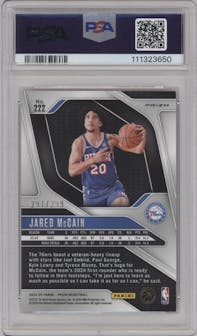 Jared McCain from the 2024-25 Panini Prizm set featuring a Red Prizm parallel graded by PSA and given an overall grade of 8.