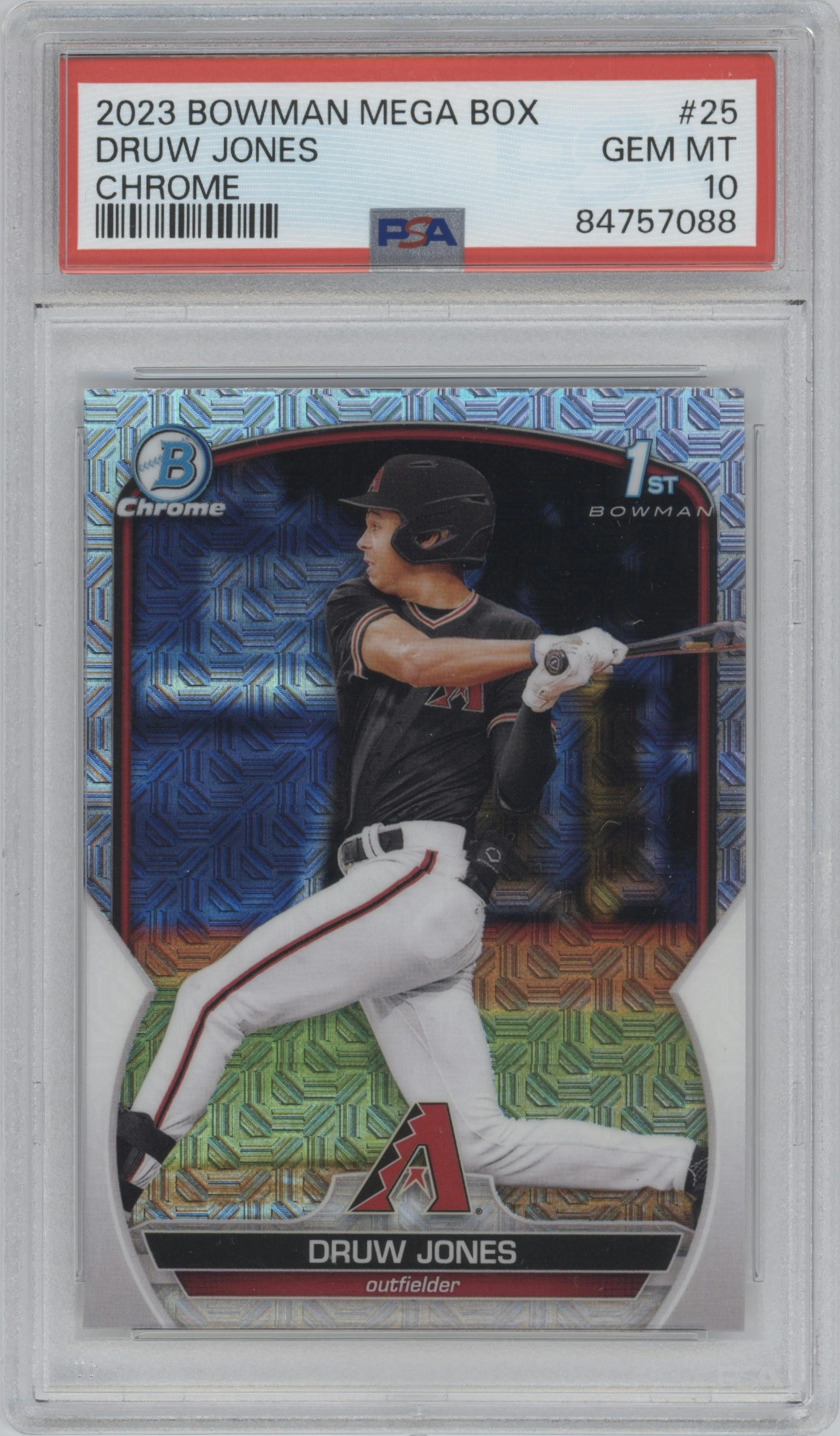 Druw Jones from the 2023 Bowman Mega Box set graded by PSA and given an overall grade of 10.