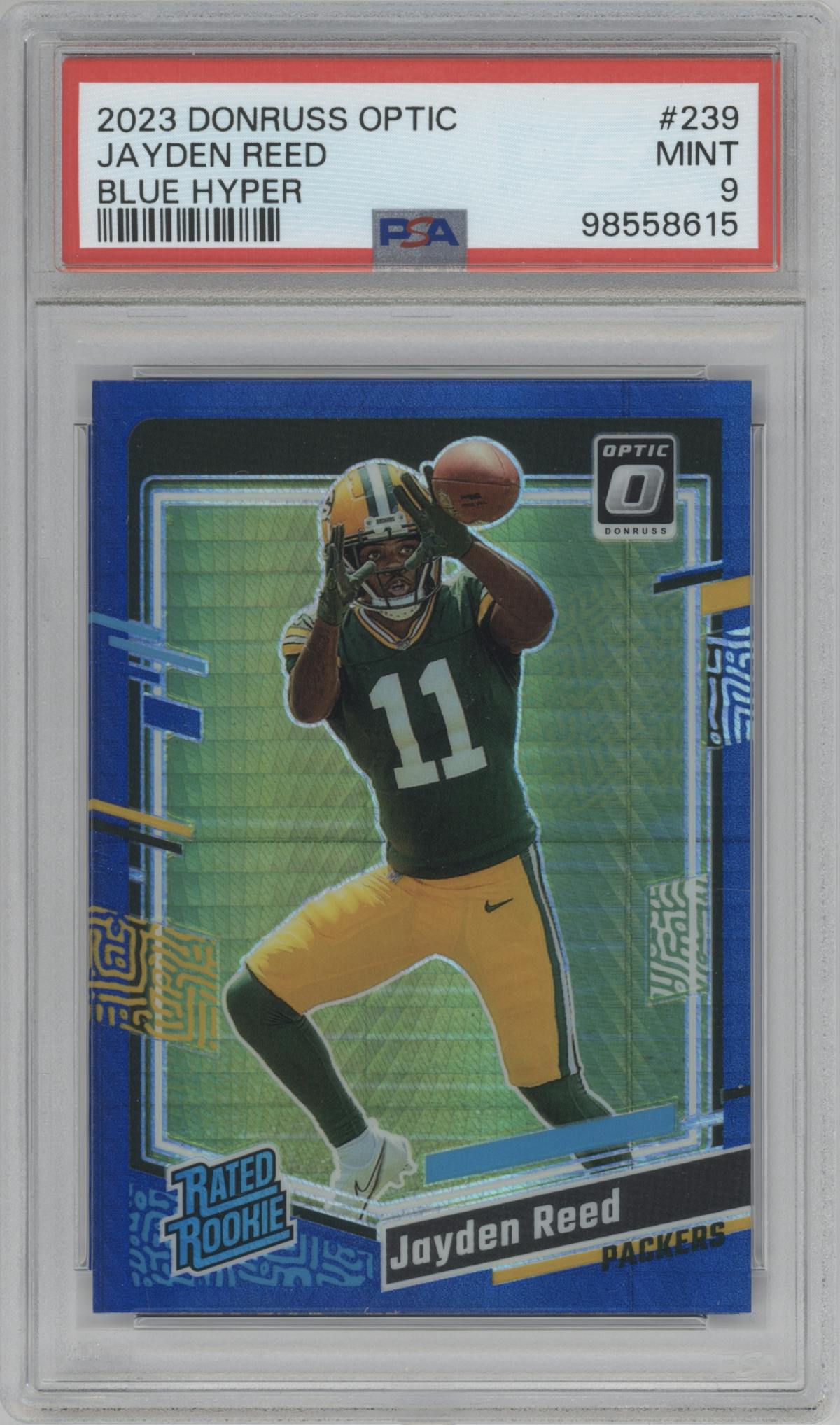 Jayden Reed from the 2023 Donruss Optic set featuring a Hyper Blue parallel graded by PSA and given an overall grade of 9.