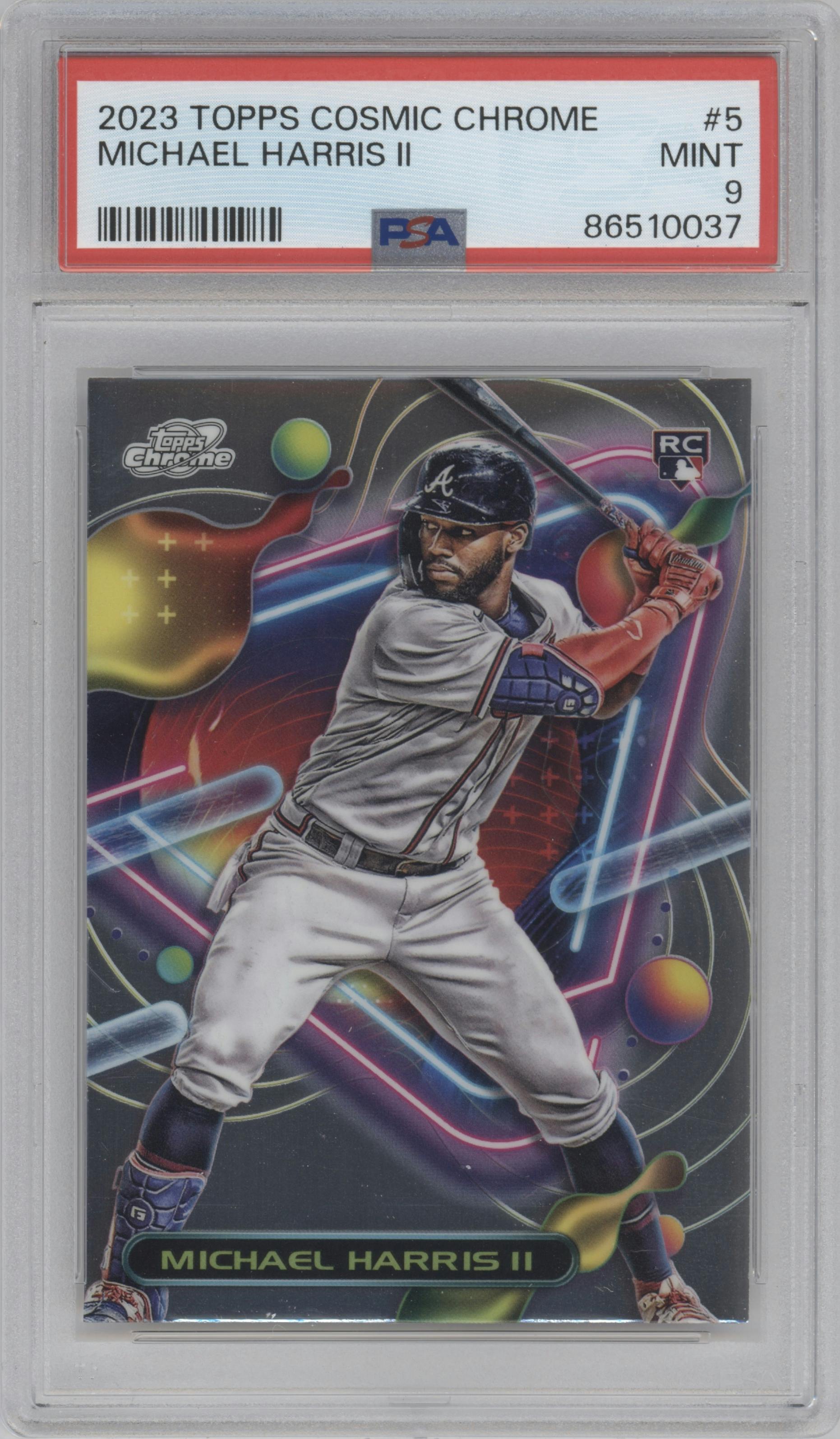  Michael Harris II from the 2023 Topps Cosmic Chrome set graded by PSA and given an overall grade of 9.