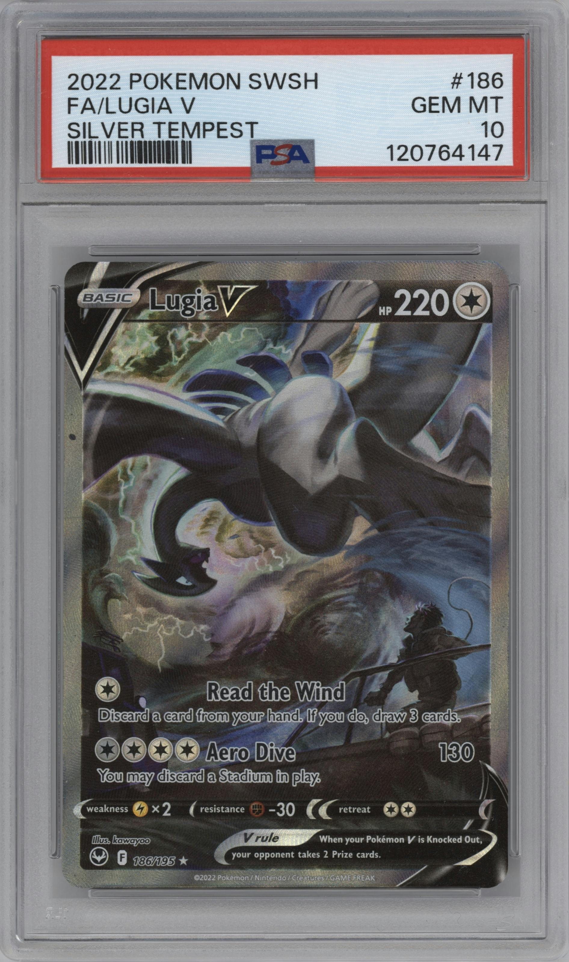 Lugia V from the 2022 Pokemon SWSH set graded by PSA and given an overall grade of 10.