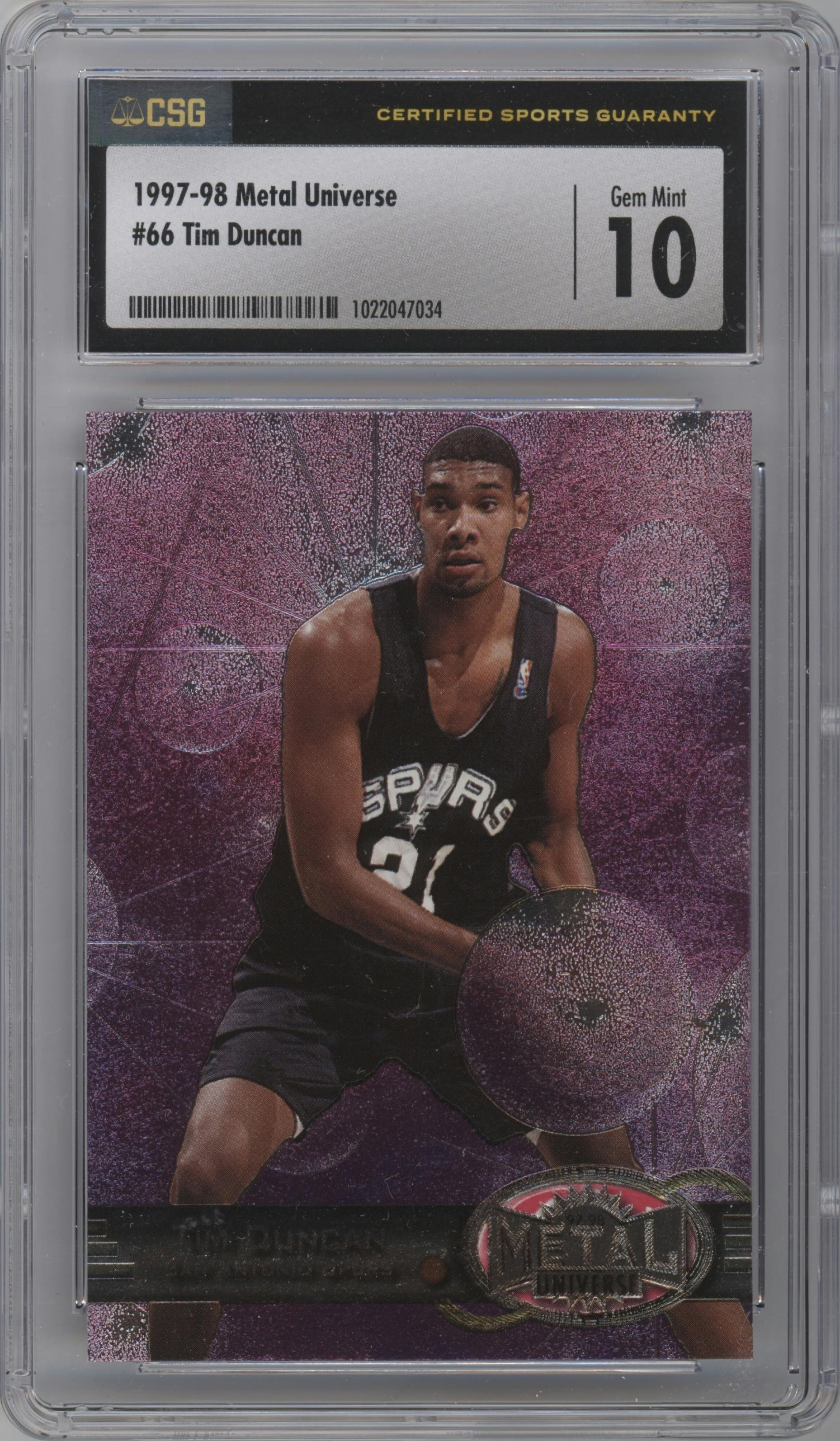 Tim Duncan from the 1997-98 Metal Universe set graded by CSG and given an overall grade of 10.