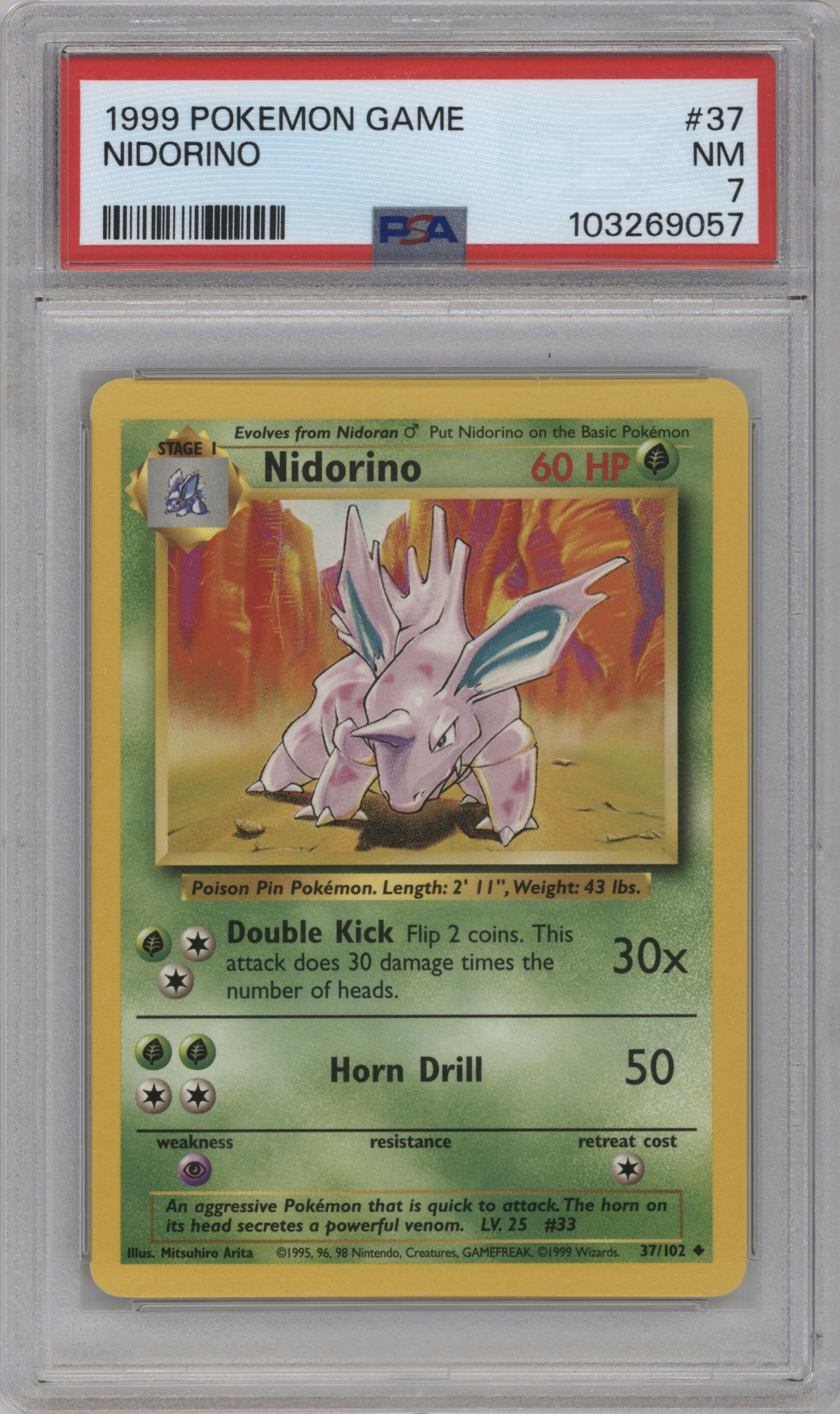 Nidorino from the 1999 Pokemon set graded by PSA and given an overall grade of 7.