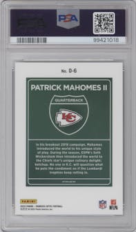 Patrick Mahomes II from the 2023 Donruss Optic set graded by PSA and given an overall grade of 10.