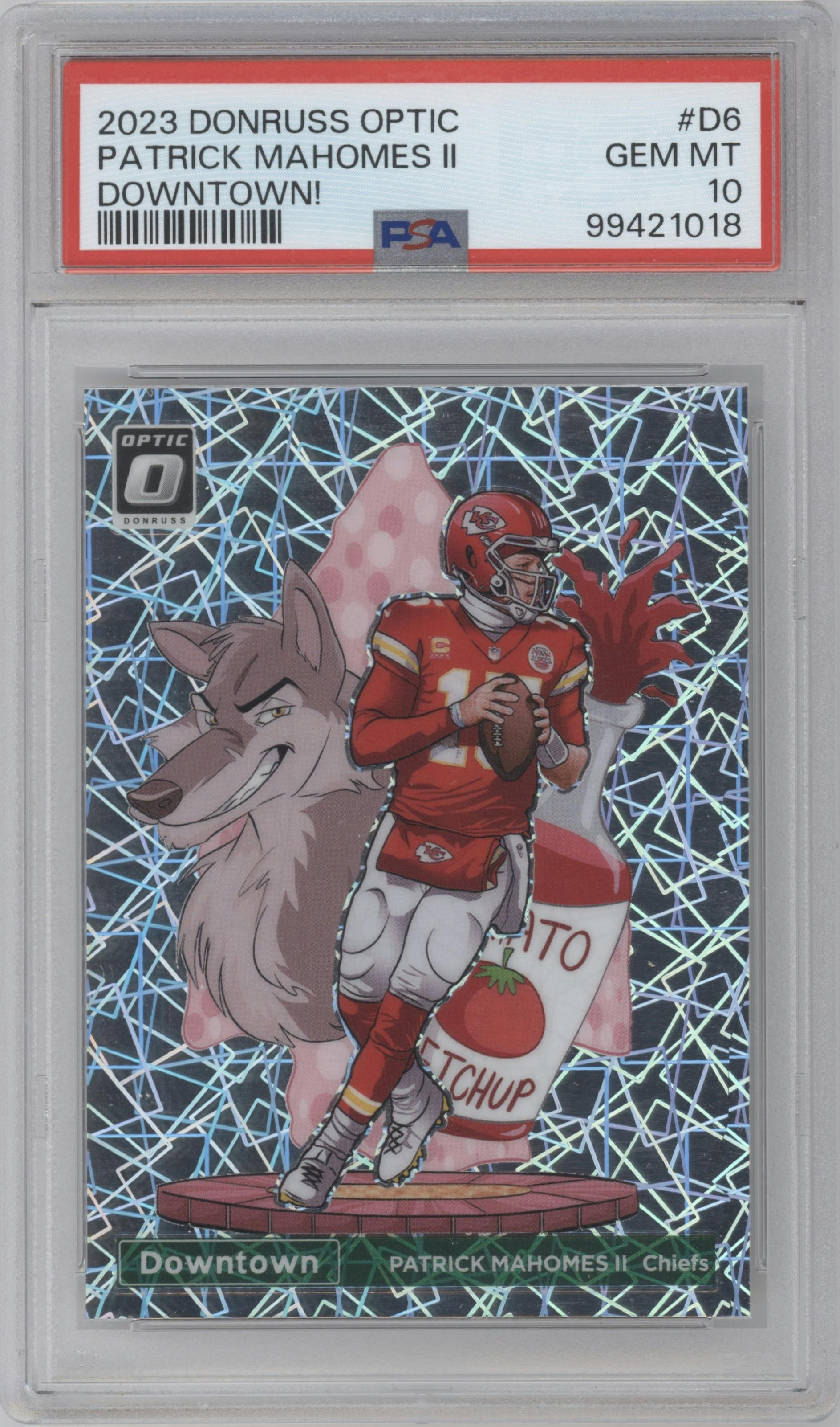 Patrick Mahomes II from the 2023 Donruss Optic set graded by PSA and given an overall grade of 10.