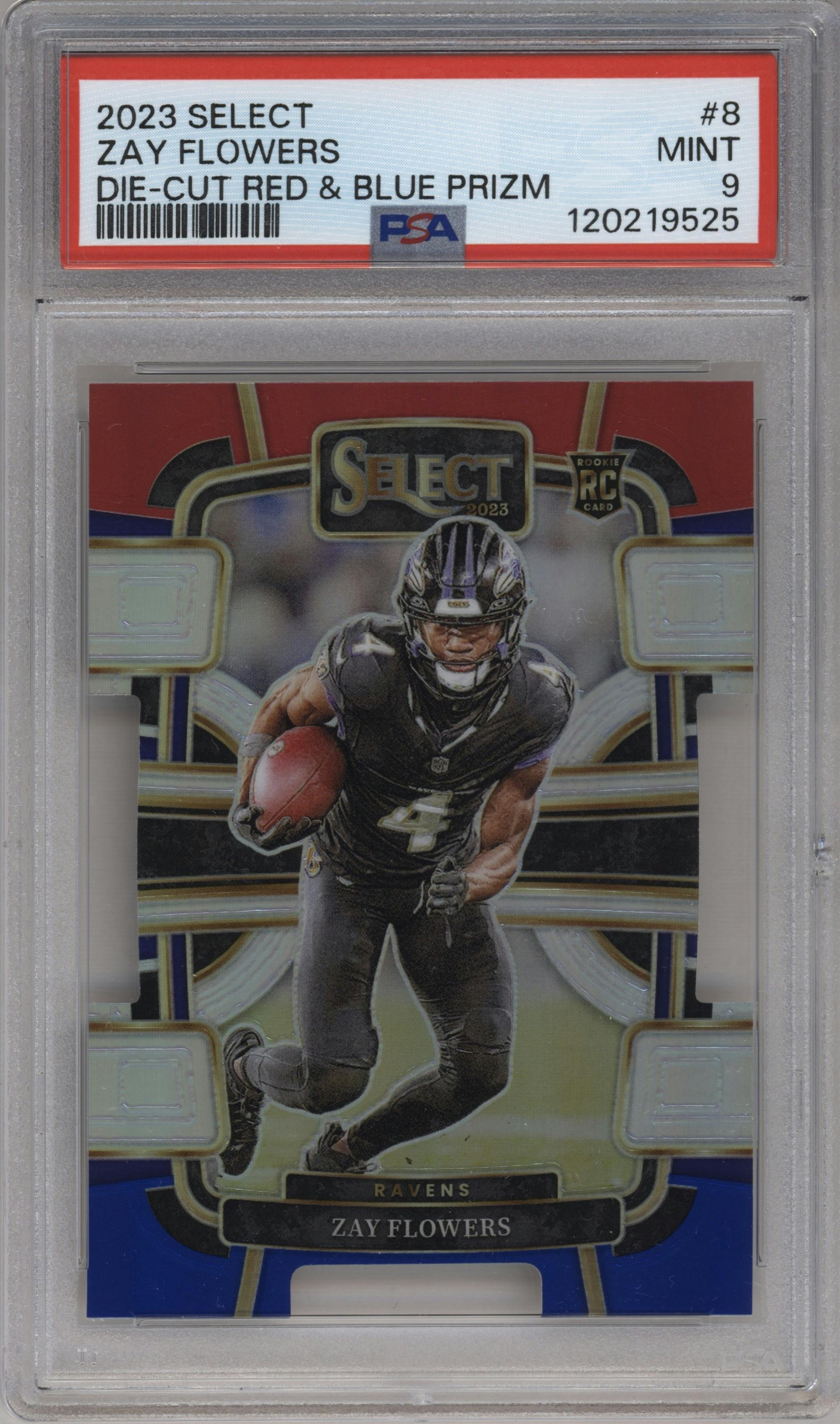 Zay Flowers from the 2023 Panini Select set featuring a Die-Cut Red/Blue parallel graded by PSA and given an overall grade of 9.