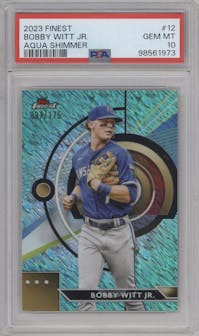 Bobby Witt Jr. from the 2023 Topps Finest set featuring a Aqua Shimmer Refractor parallel graded by PSA and given an overall grade of 10.