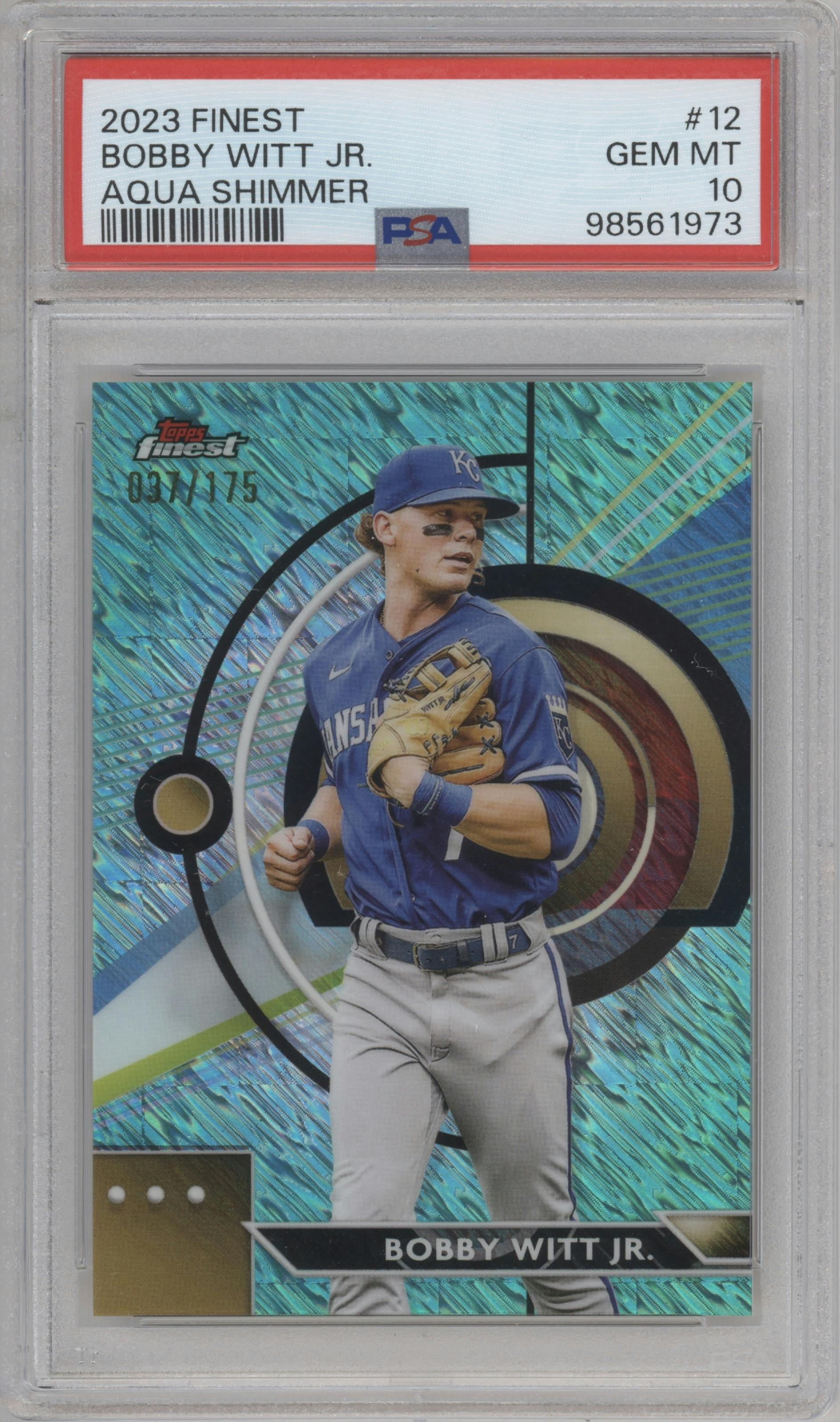 Bobby Witt Jr. from the 2023 Topps Finest set featuring a Aqua Shimmer Refractor parallel graded by PSA and given an overall grade of 10.