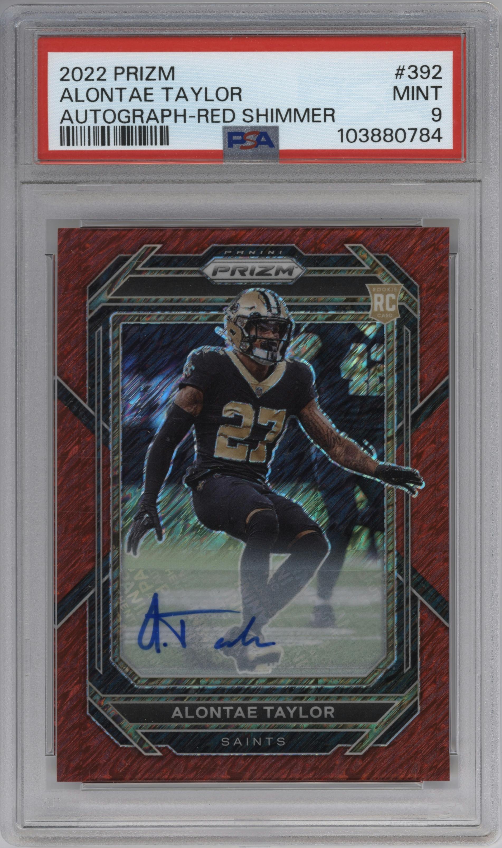Alontae Taylor from the 2022 Panini Prizm set featuring a Red Shimmer parallel graded by PSA and given an overall grade of 9.
