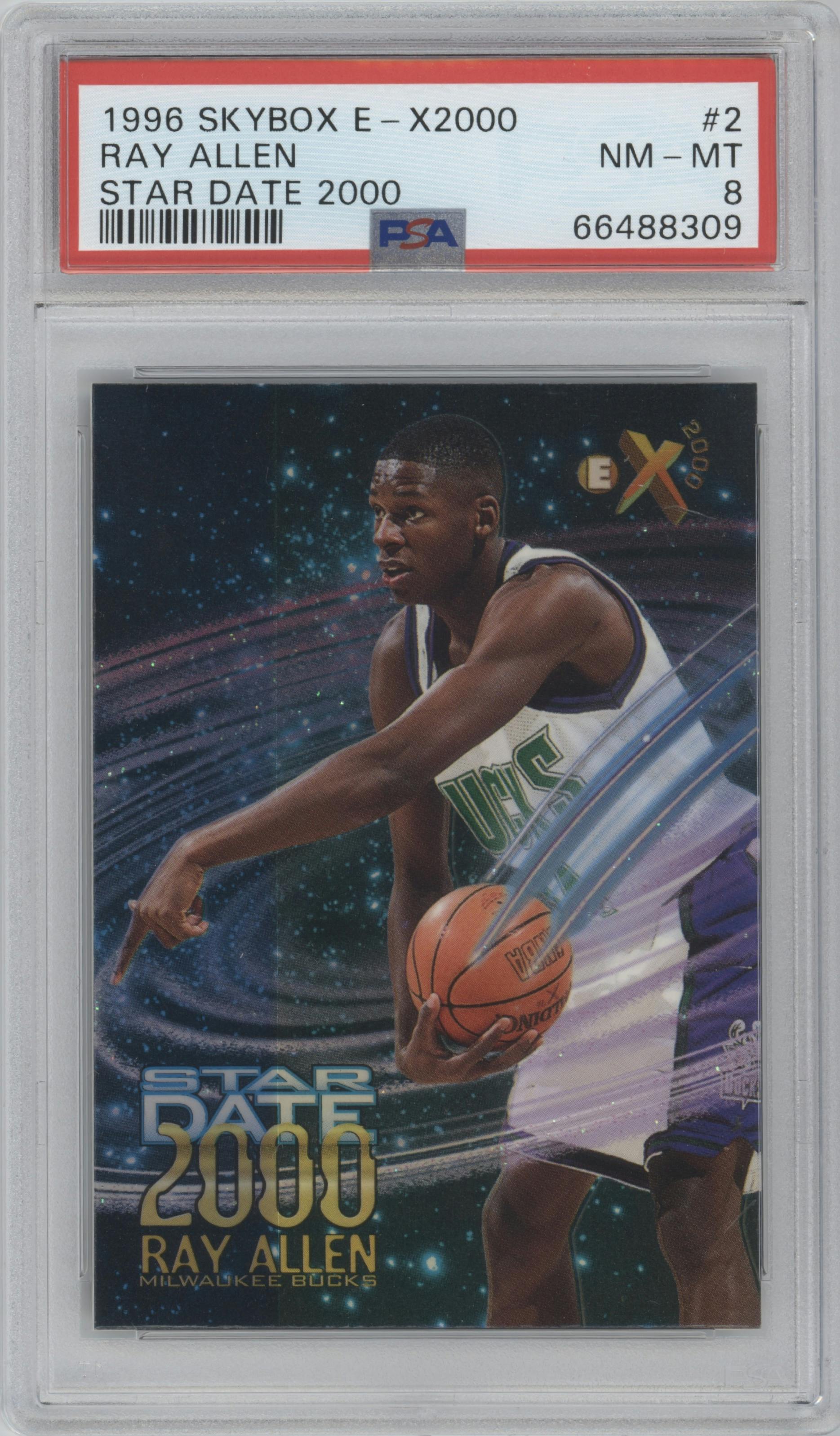 Ray Allen from the 1996-97 Skybox E-X2000 set graded by PSA and given an overall grade of 8.
