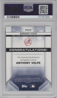 Anthony Volpe from the 2020 Bowman Sterling set featuring a Wave Refractor  parallel graded by PSA and given an overall grade of 10.
