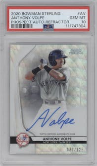 Anthony Volpe from the 2020 Bowman Sterling set featuring a Wave Refractor  parallel graded by PSA and given an overall grade of 10.