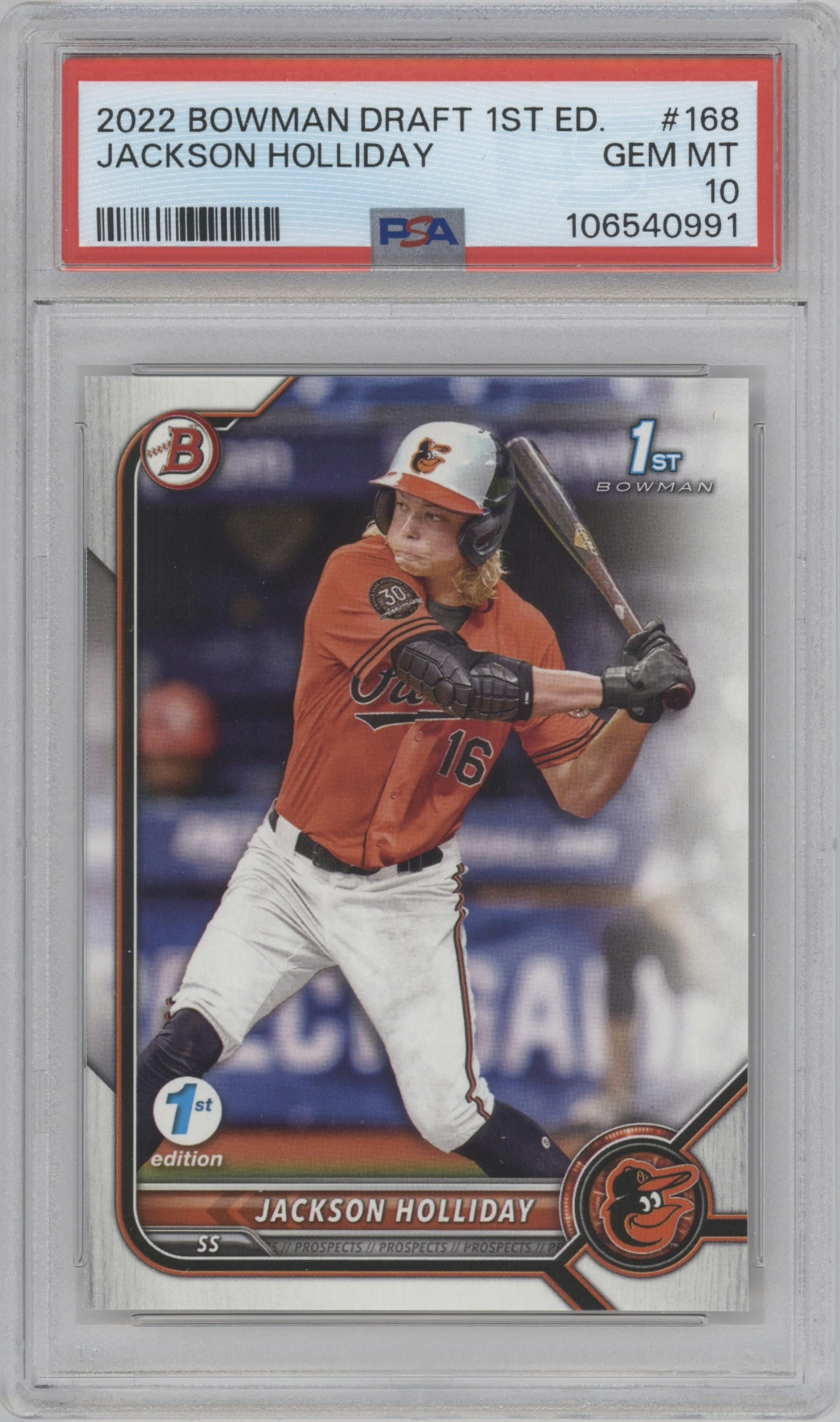 Jackson Holliday from the 2022 Bowman Draft 1st Edition set graded by PSA and given an overall grade of 10.