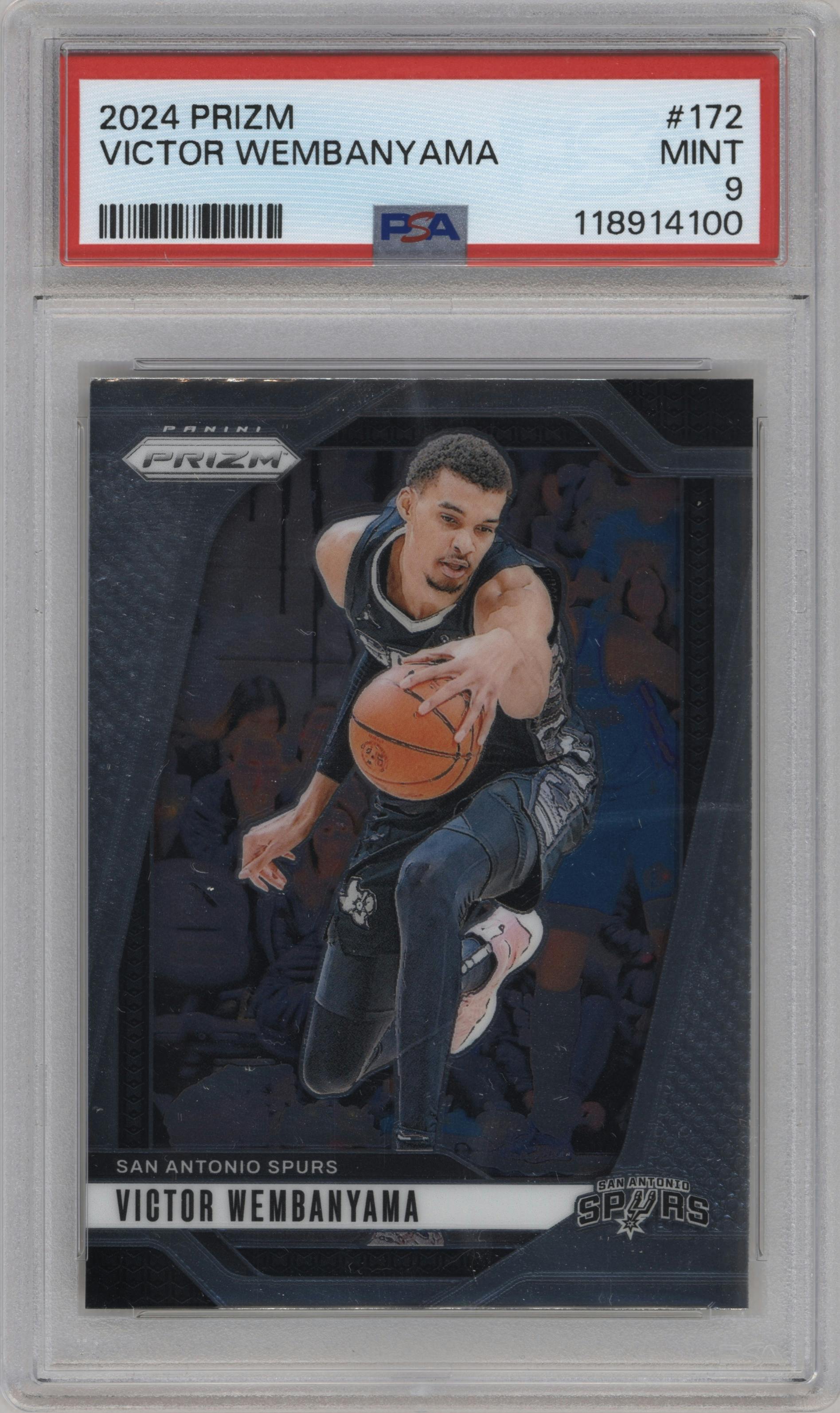 Victor Wembanyama from the 2024-25 Panini Prizm set graded by PSA and given an overall grade of 9.