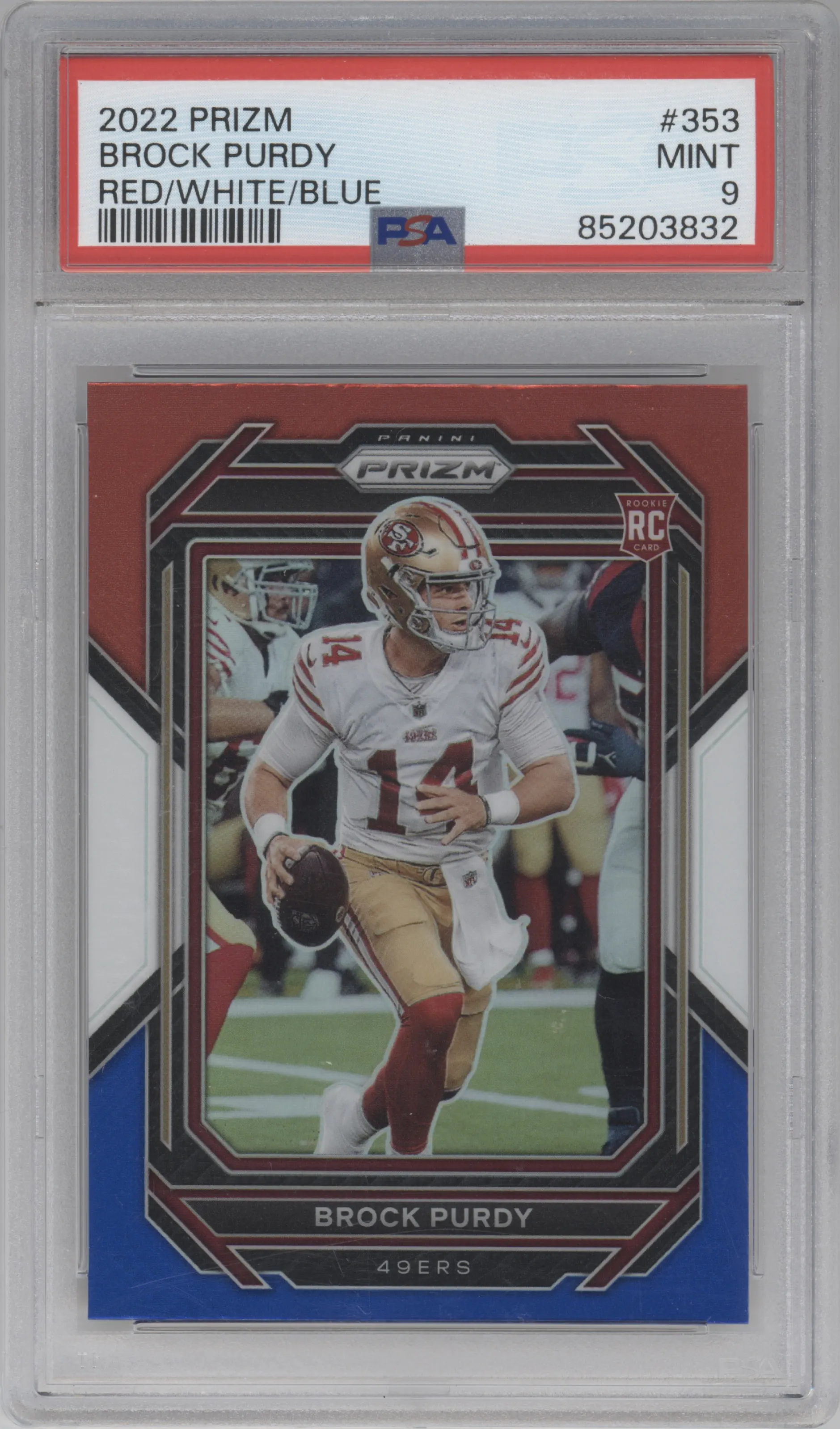 2022 Panini Prizm Brock Purdy Red/White/Blue Prizm PSA 9