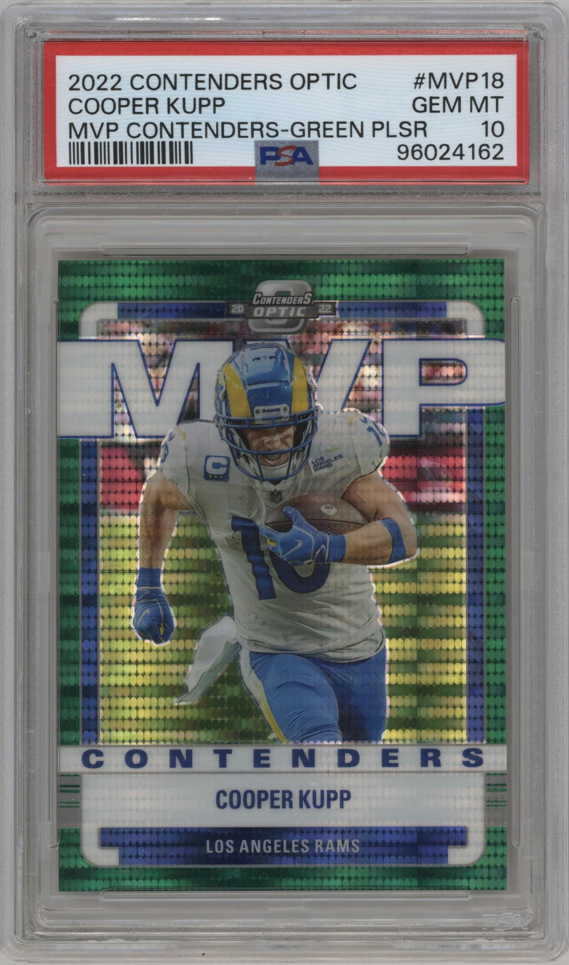 Cooper Kupp from the 2022 Panini Contenders Optic set featuring a Green Pulsar parallel graded by PSA and given an overall grade of 10.