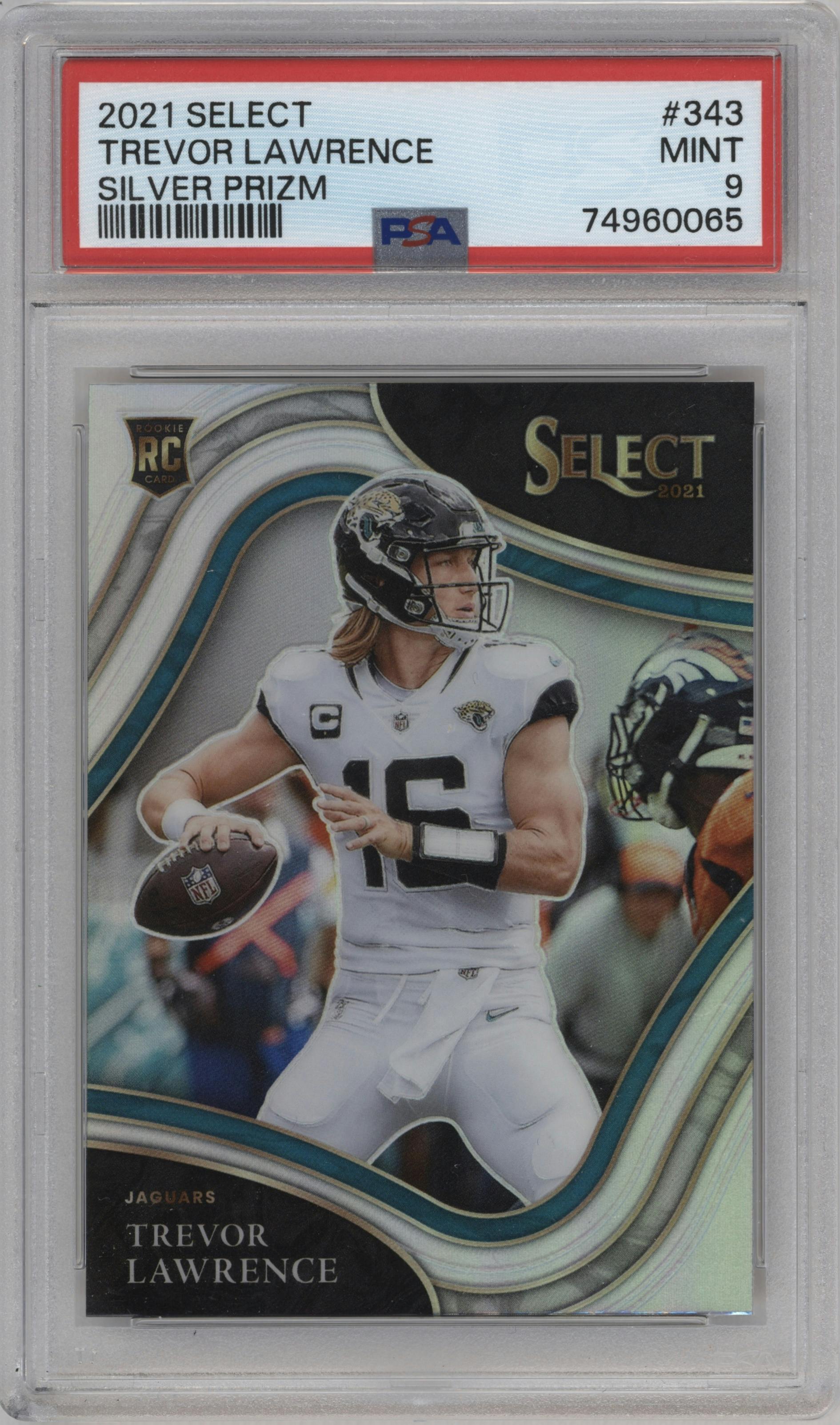 Trevor Lawrence from the 2021 Panini Select set featuring a Silver Prizm parallel graded by PSA and given an overall grade of 9.