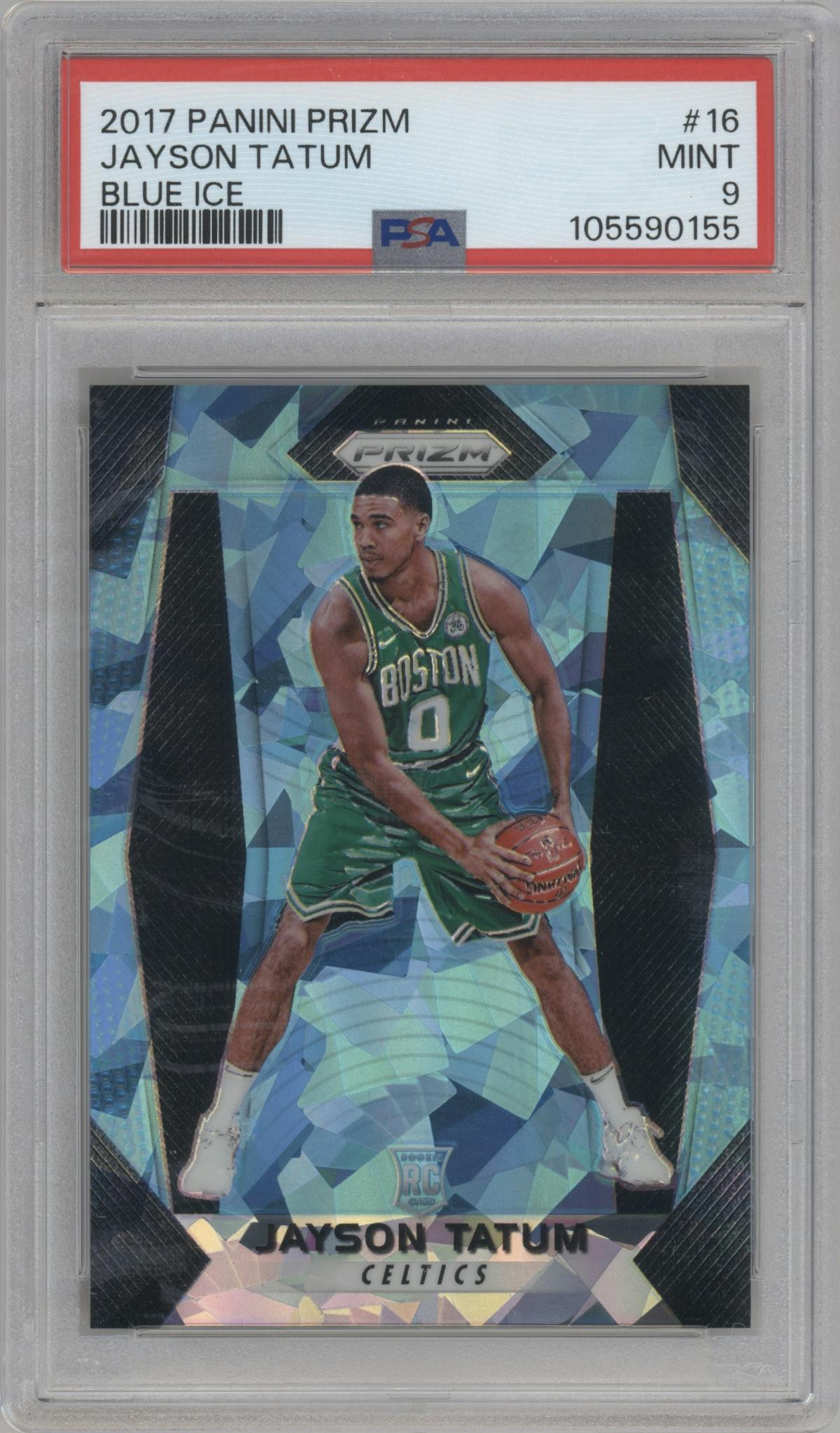 Jayson Tatum from the 2017-18 Panini Prizm  set featuring a Blue Ice parallel graded by PSA and given an overall grade of 9.