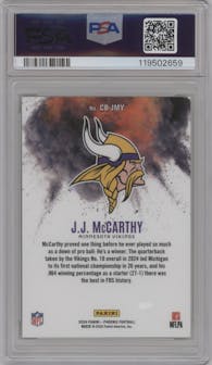 J.J. McCarthy from the 2024 Panini Phoenix set graded by PSA and given an overall grade of 10.