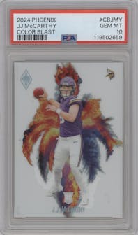 J.J. McCarthy from the 2024 Panini Phoenix set graded by PSA and given an overall grade of 10.