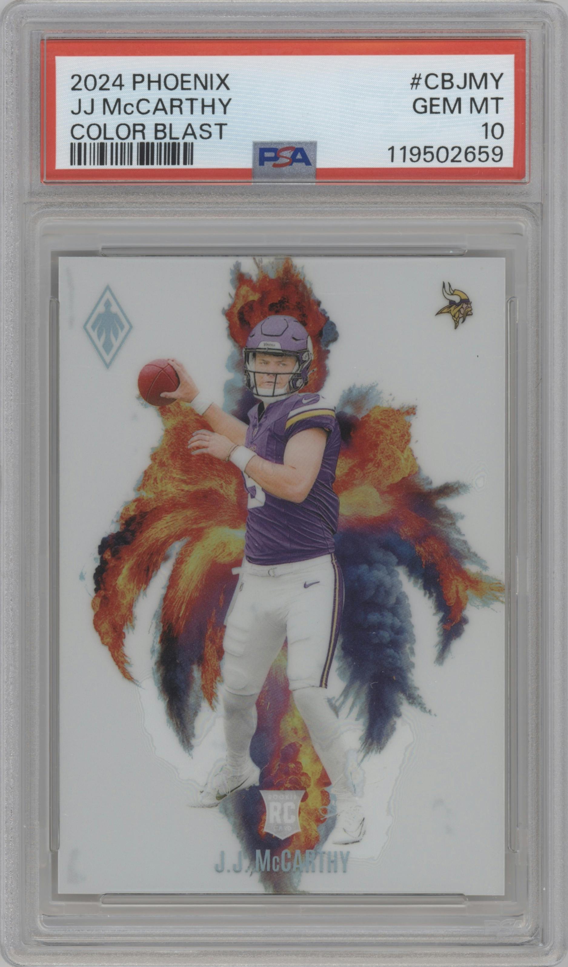 J.J. McCarthy from the 2024 Panini Phoenix set graded by PSA and given an overall grade of 10.