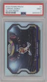 LeBron James from the 2020-21 Panini Prizm set featuring a Silver Prizm parallel graded by PSA and given an overall grade of 9.