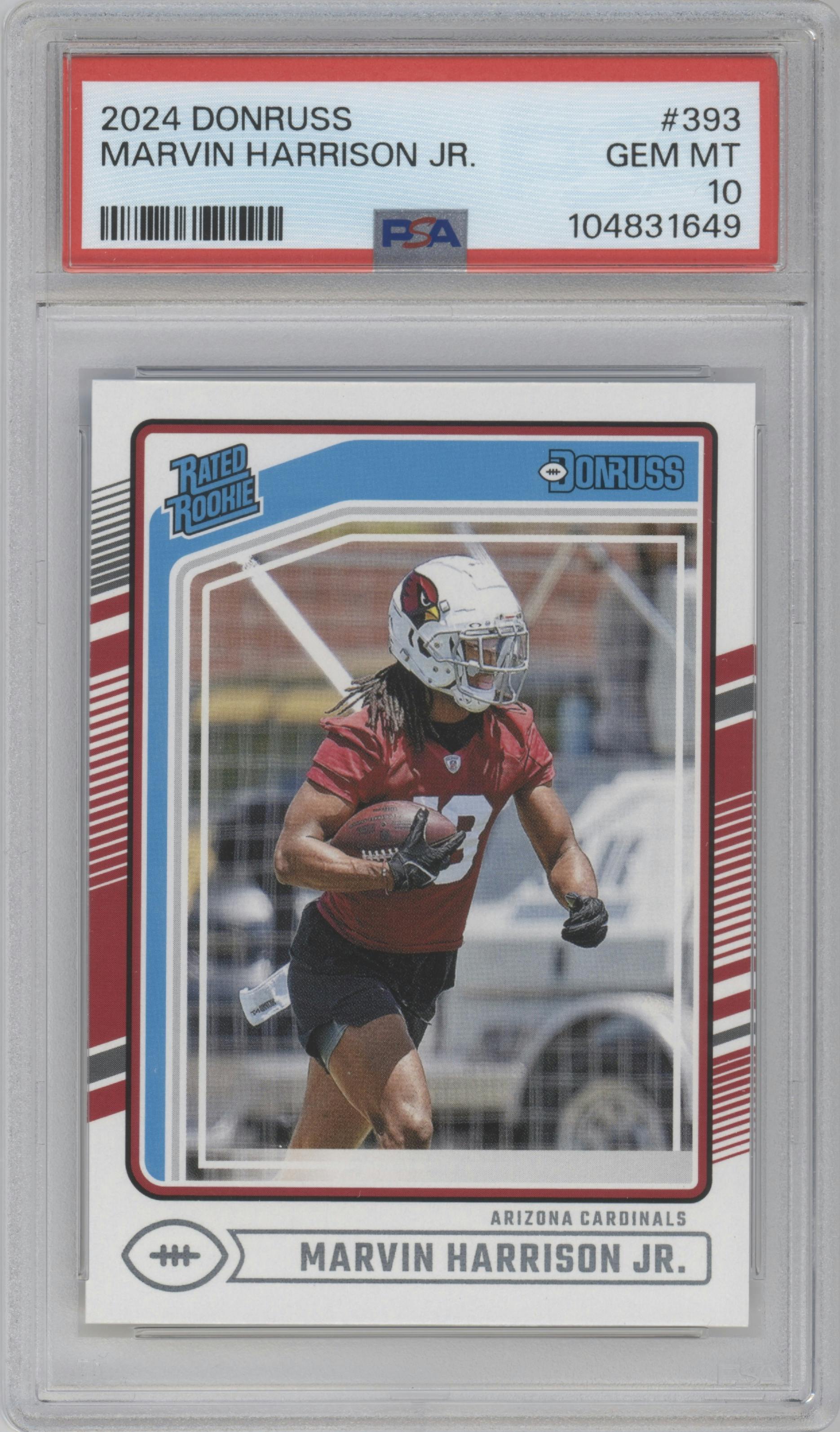 Marvin Harrison Jr. from the 2024 Donruss set graded by PSA and given an overall grade of 10.