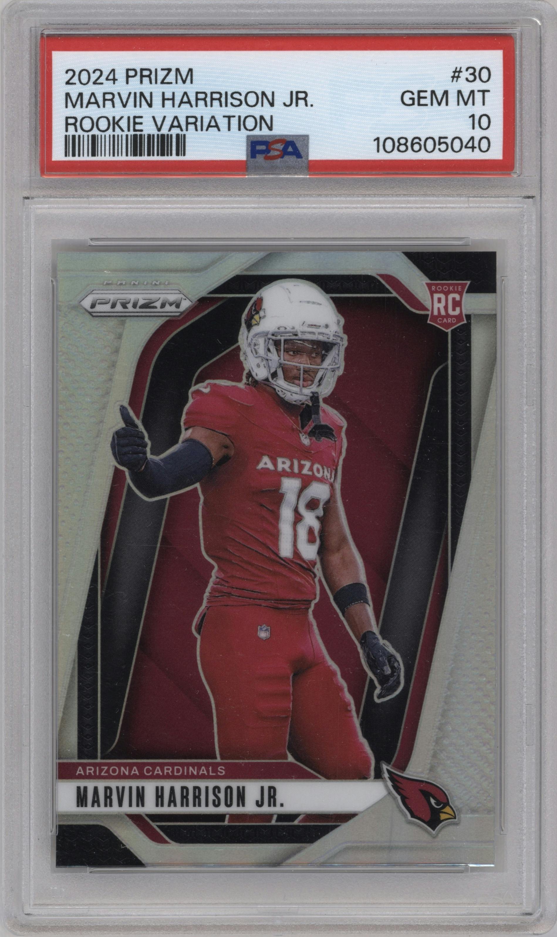 Marvin Harrison Jr. from the 2024 Panini Prizm set graded by PSA and given an overall grade of 10.