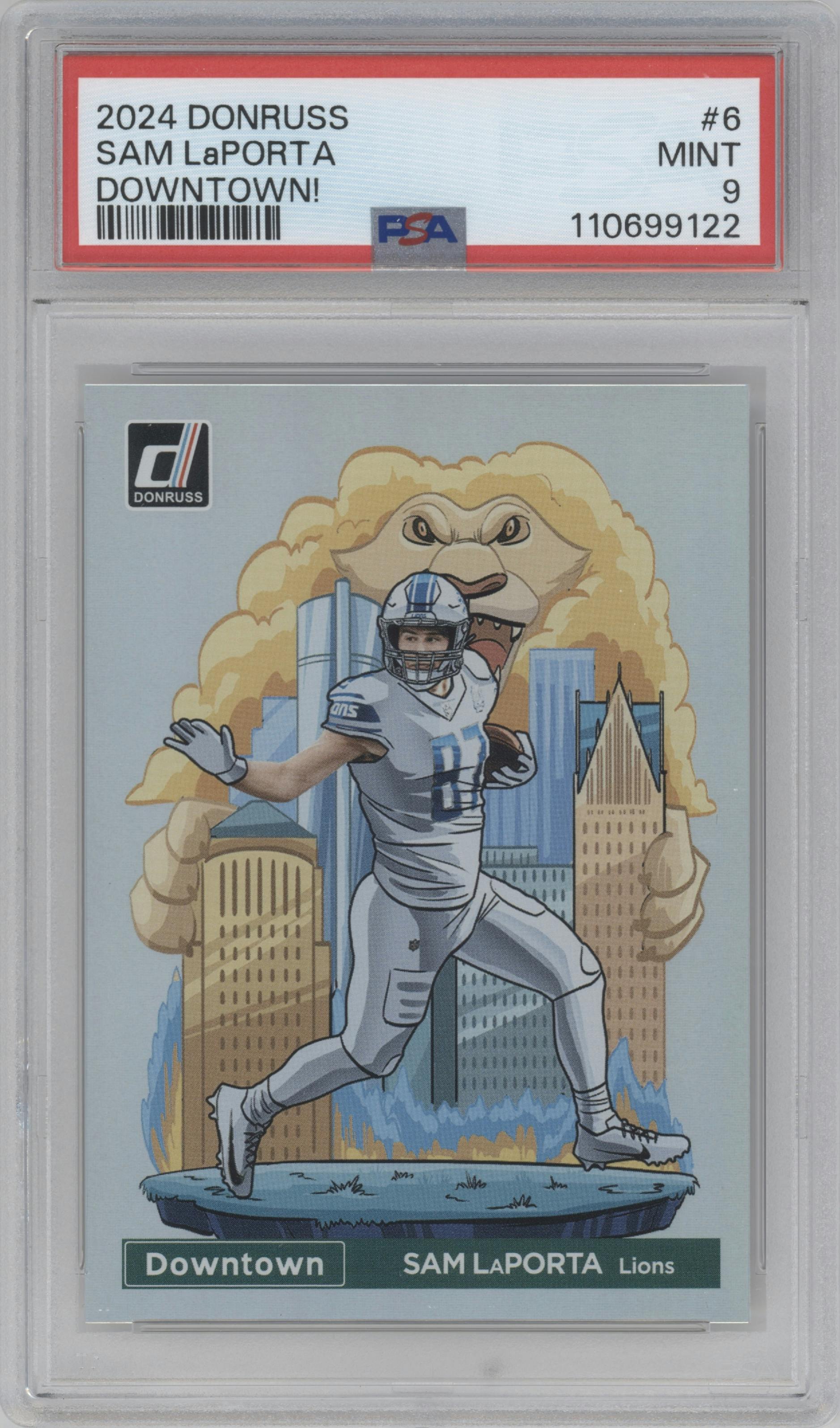 Sam LaPorta from the 2024 Donruss set graded by PSA and given an overall grade of 9.