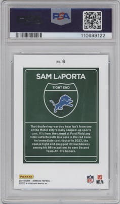 Sam LaPorta from the 2024 Donruss set graded by PSA and given an overall grade of 9.