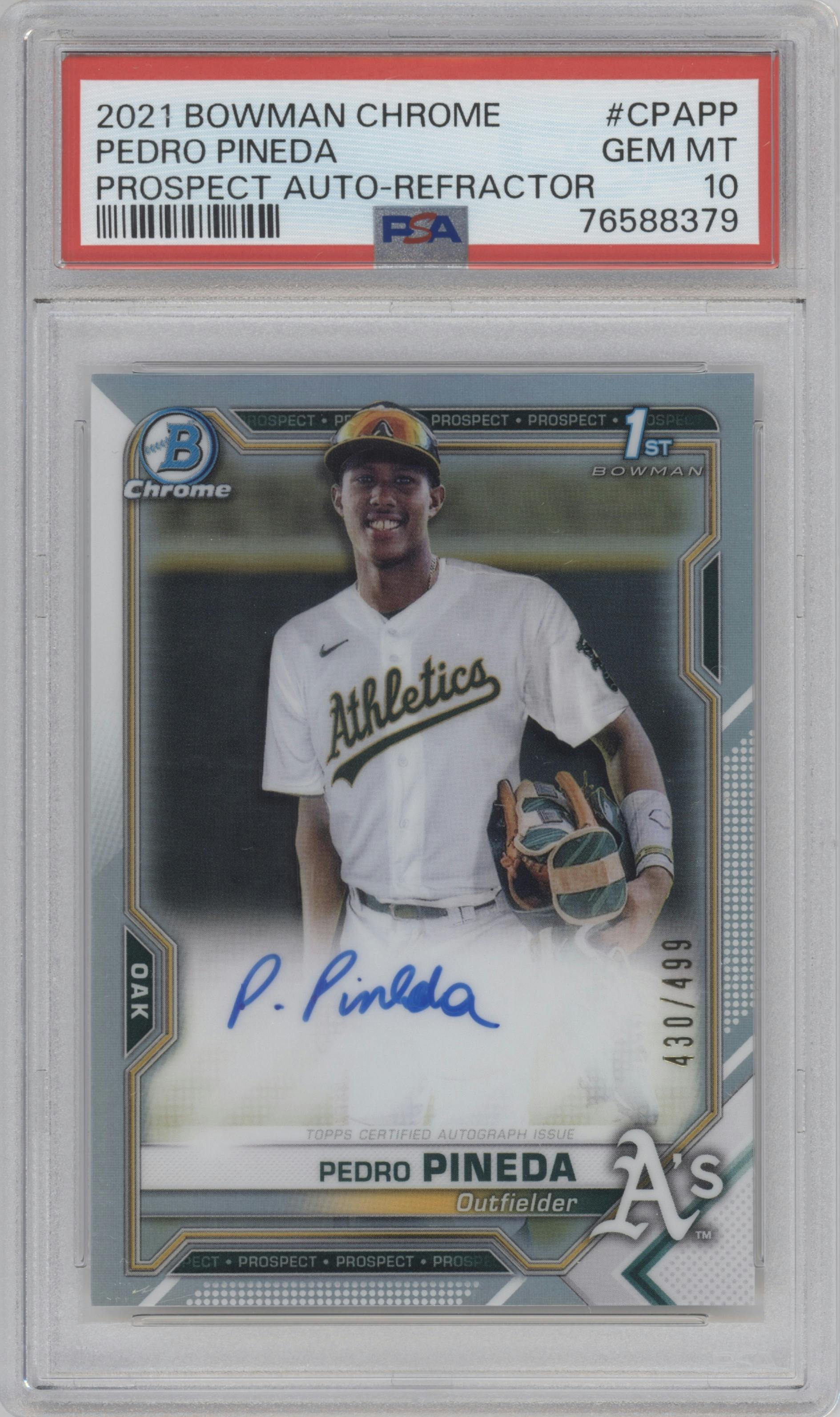 Pedro Pineda from the 2021 Bowman Chrome set featuring a Refractor parallel graded by PSA and given an overall grade of 10.