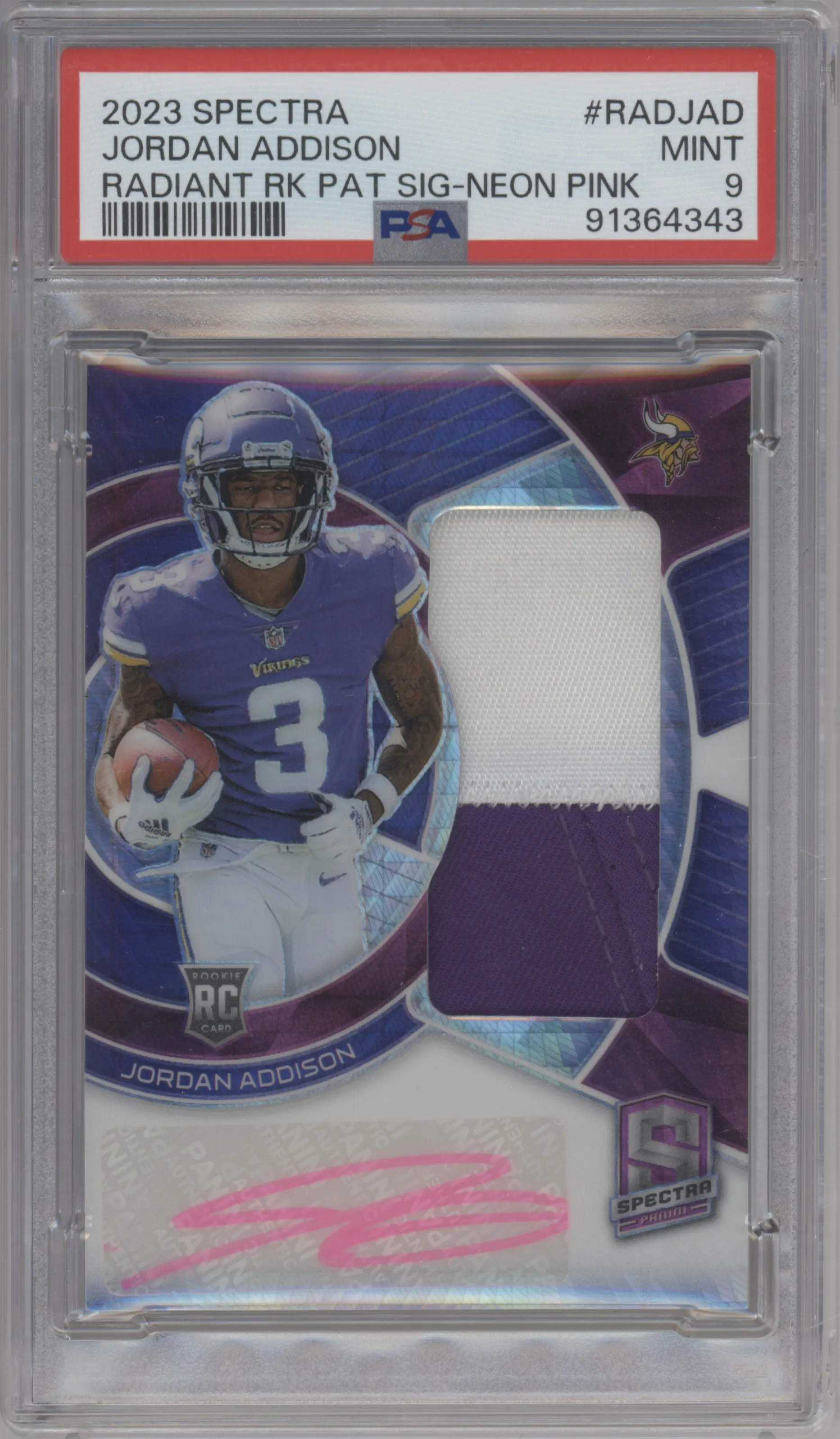 2023 Panini Spectra Rad.Rke.Ptch.Sig. Jordan Addison Neon Pink PSA 9