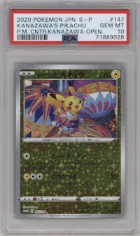 Kanazawa Pikachu from the 2020 Pokemon SWSH JPN set featuring a Pokemon Center Kanazawa Open Commemoration Special Box parallel graded by PSA and given an overall grade of 10.