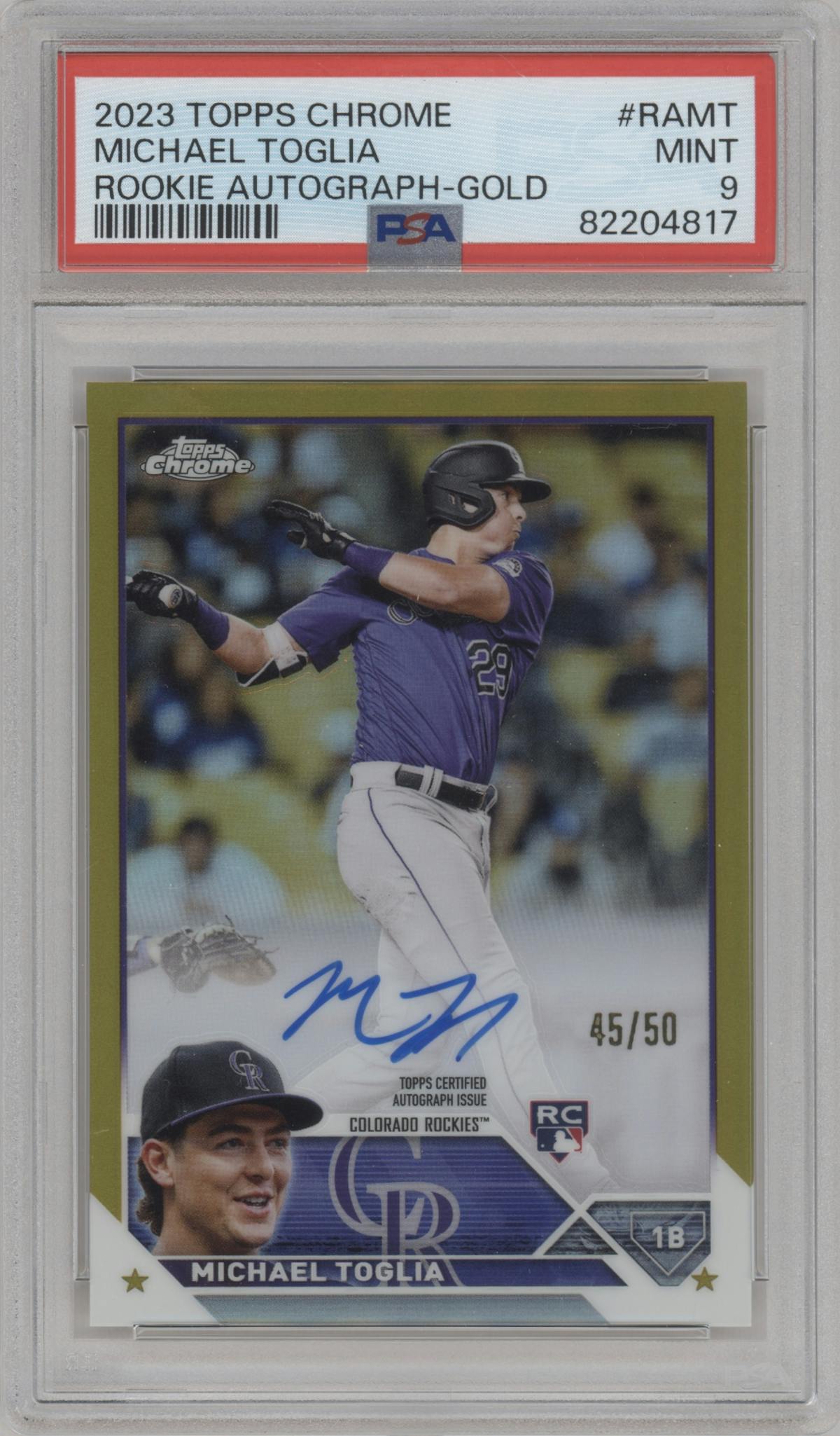 Michael Toglia from the 2023 Topps Chrome set featuring a Gold Refractor parallel graded by PSA and given an overall grade of 9.