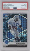 Barry Sanders from the 2021 Panini Mosaic set featuring a Genesis parallel graded by PSA and given an overall grade of 10.