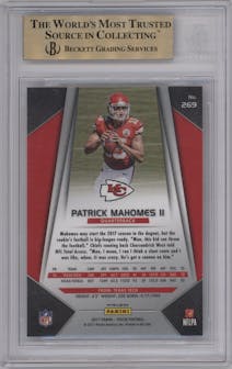 Patrick Mahomes II from the 2017 Panini Prizm set featuring a Red/White/Blue Prizm parallel graded by Beckett and given an overall grade of 9.5.
