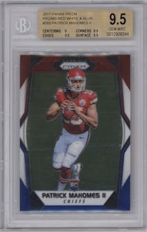 Patrick Mahomes II from the 2017 Panini Prizm set featuring a Red/White/Blue Prizm parallel graded by Beckett and given an overall grade of 9.5.